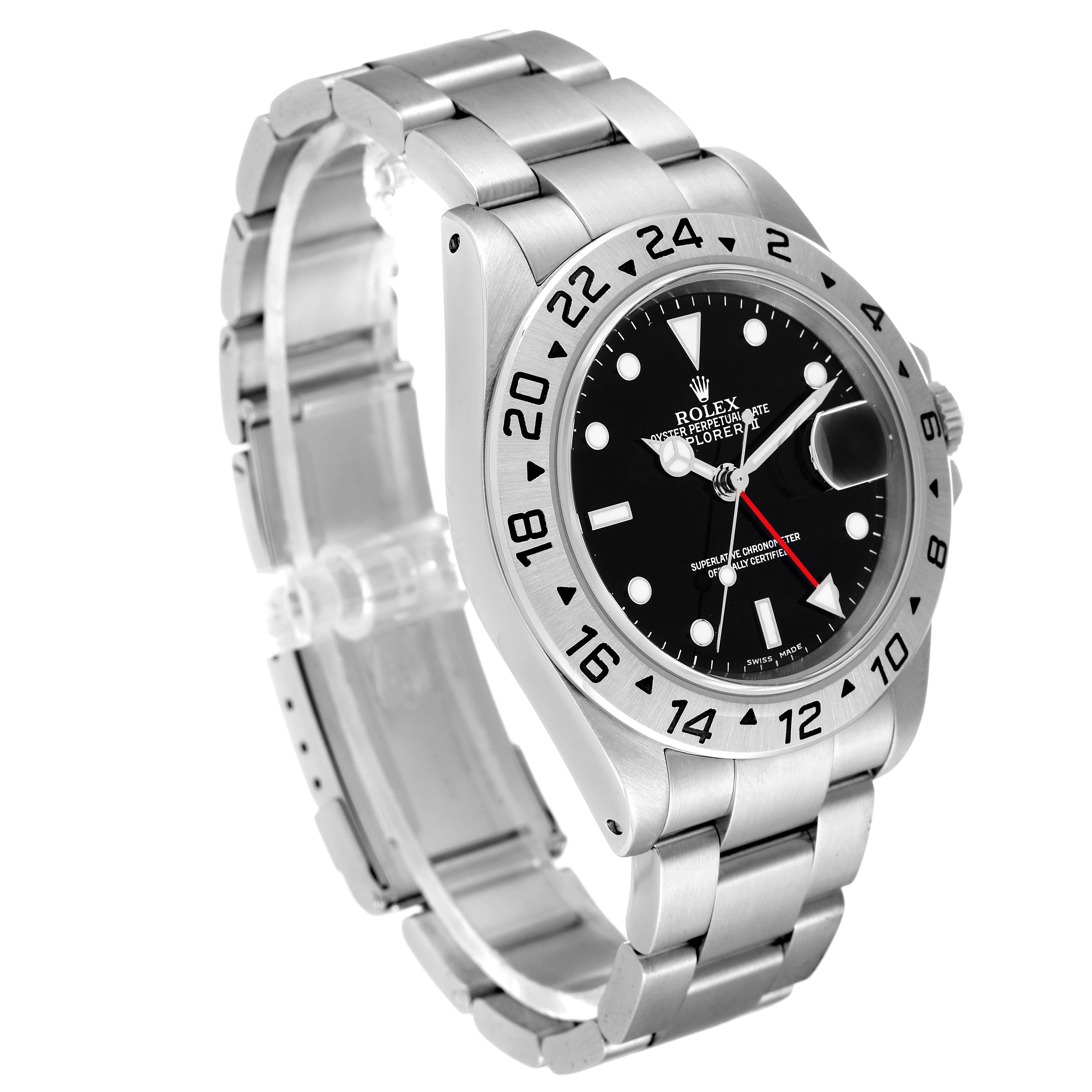 The Rolex Explorer 16570 Men's Stainless Steel Black Dial 16570 Men's Stainless Steel Black Dial watch is shown from a three-quarter angle, highlighting the face, bezel, and bracelet.