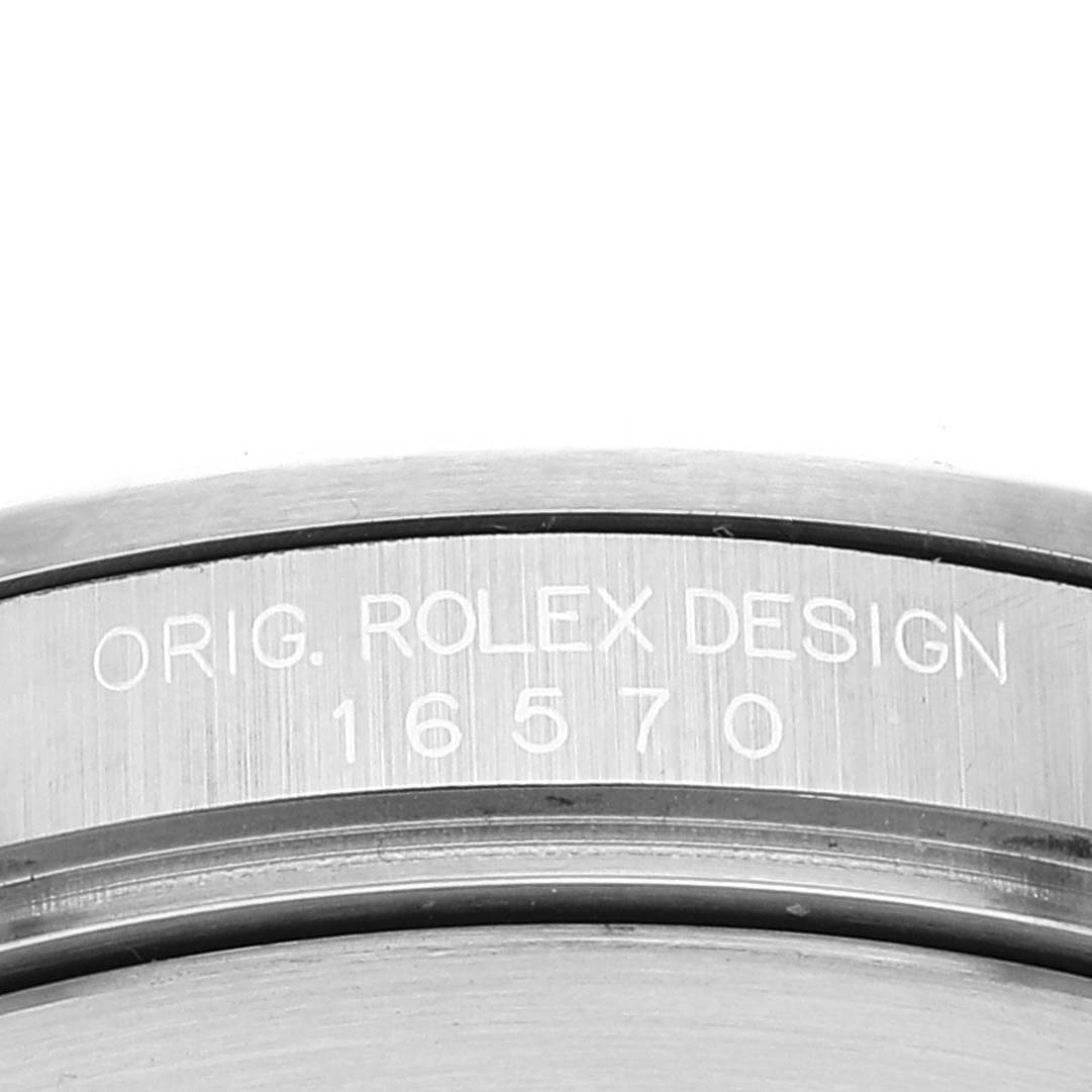 This image shows a close-up of the case engraving of a Rolex Explorer 16570 Men's Stainless Steel Black Dial 16570 Men's Stainless Steel Black Dial model, displaying its design number 16570.