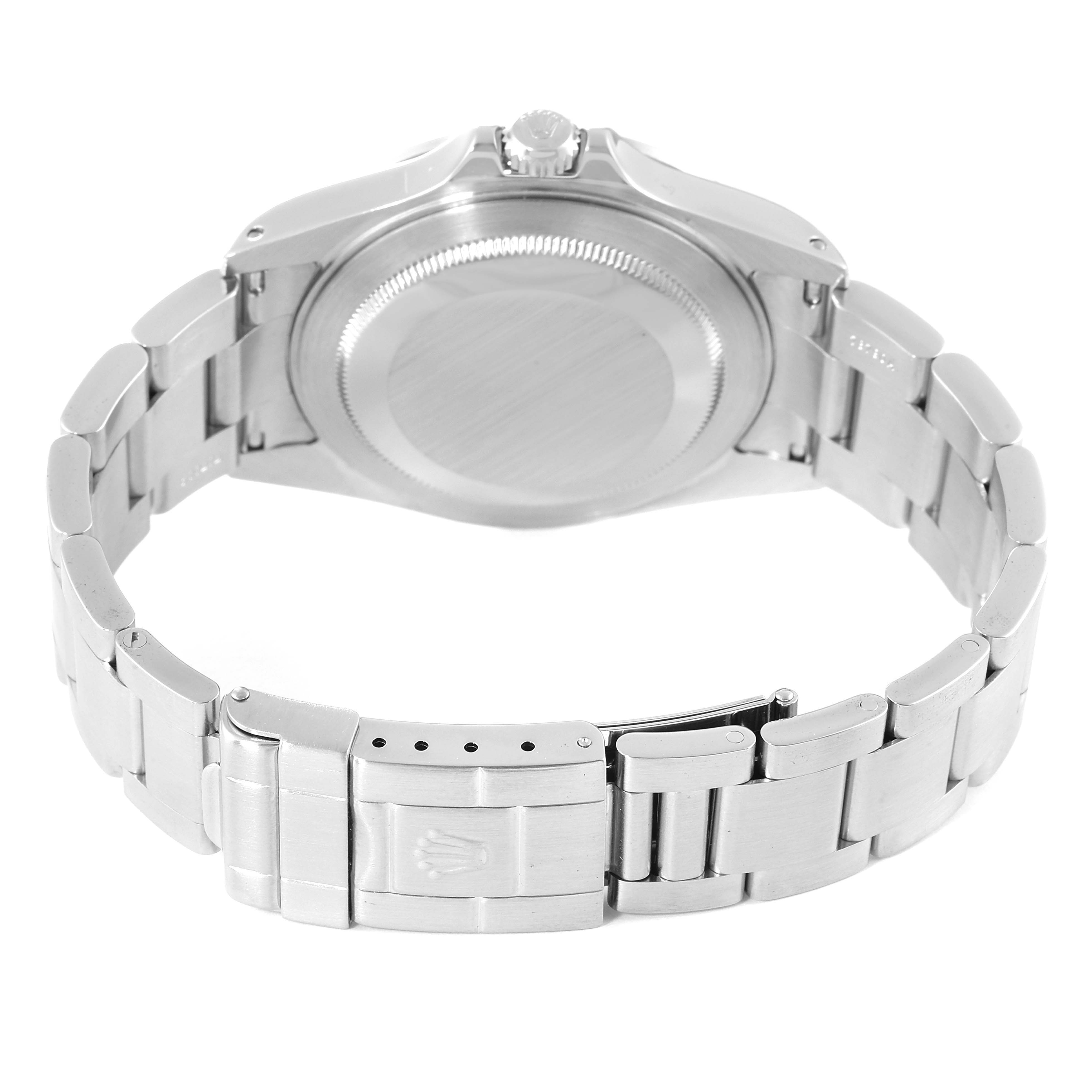 The image shows the back and bracelet clasp of a Rolex Explorer 16570 Men's Stainless Steel Black Dial 16570 Men's Stainless Steel Black Dial watch, viewed from the rear.