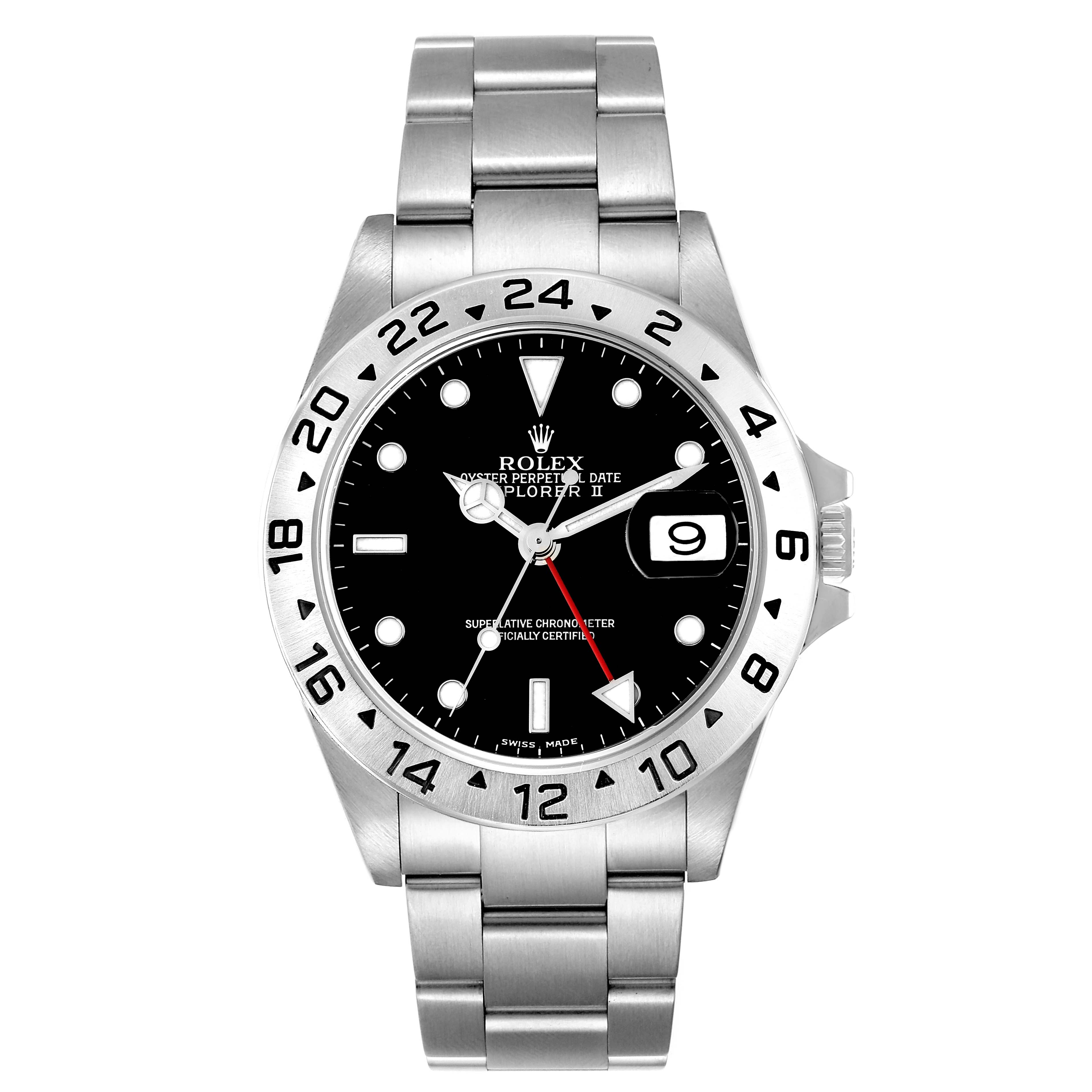 The image shows a front view of a Rolex Explorer 16570 Men's Stainless Steel Black Dial 16570 Men's Stainless Steel Black Dial watch, highlighting the dial, bezel, and bracelet.