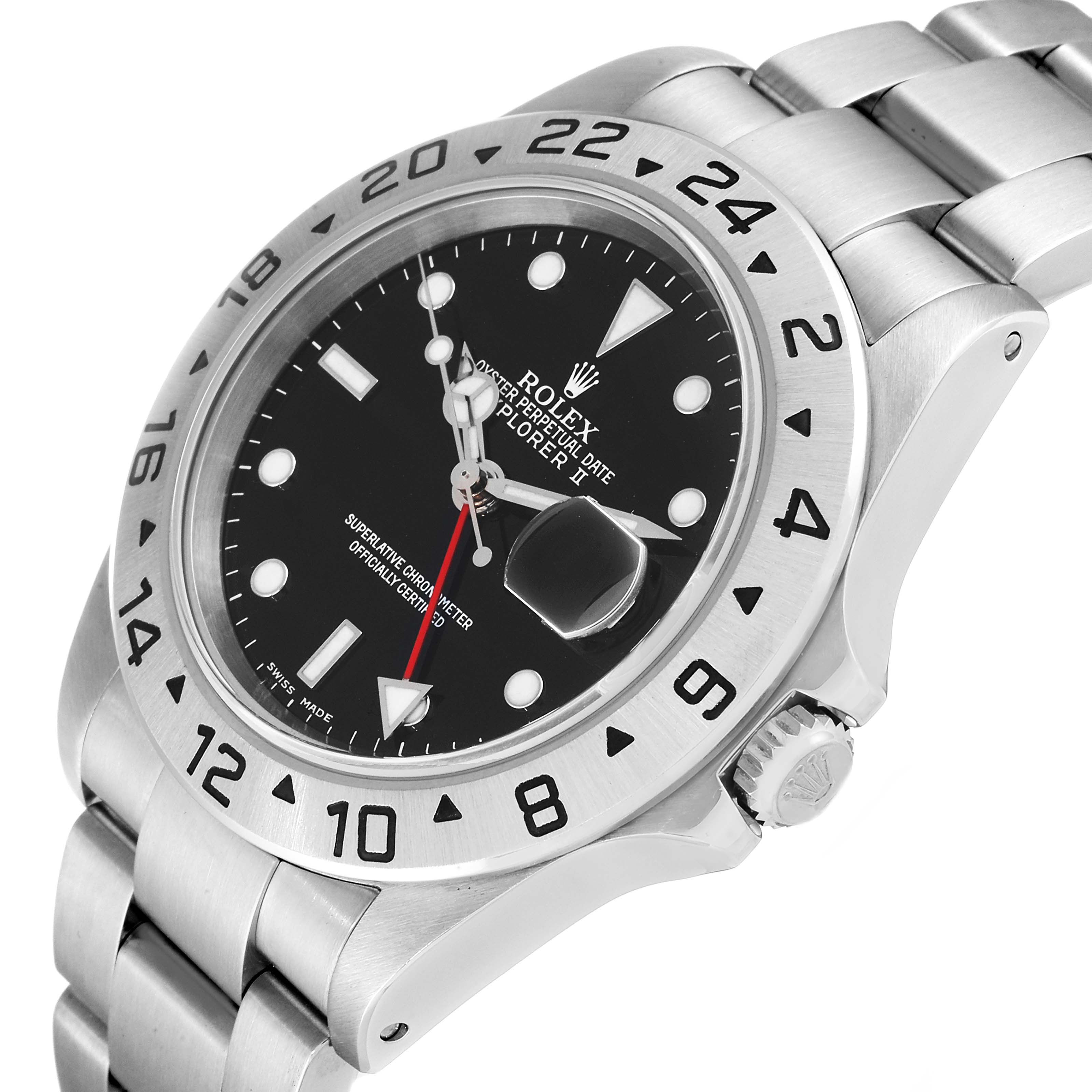 The Rolex Explorer 16570 Men's Stainless Steel Black Dial 16570 Men's Stainless Steel Black Dial watch is angled to show its face, bezel, crown, and part of the bracelet.