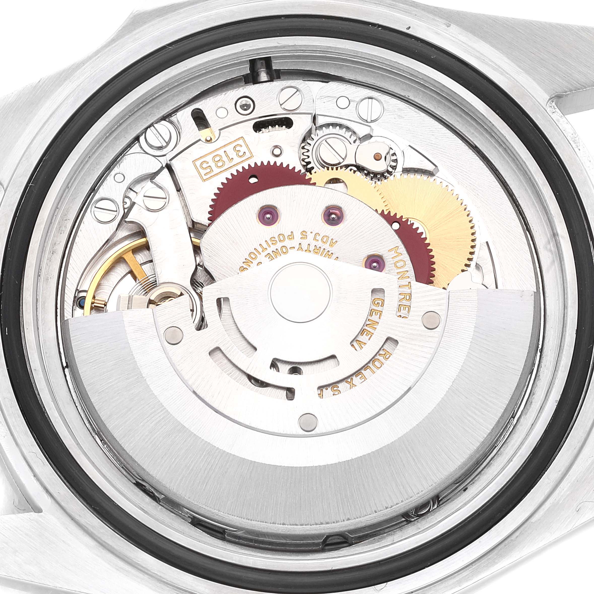 This image shows a close-up of the movement mechanism of the Rolex Explorer 16570 Men's Stainless Steel Black Dial 16570 Men's Stainless Steel Black Dial watch.