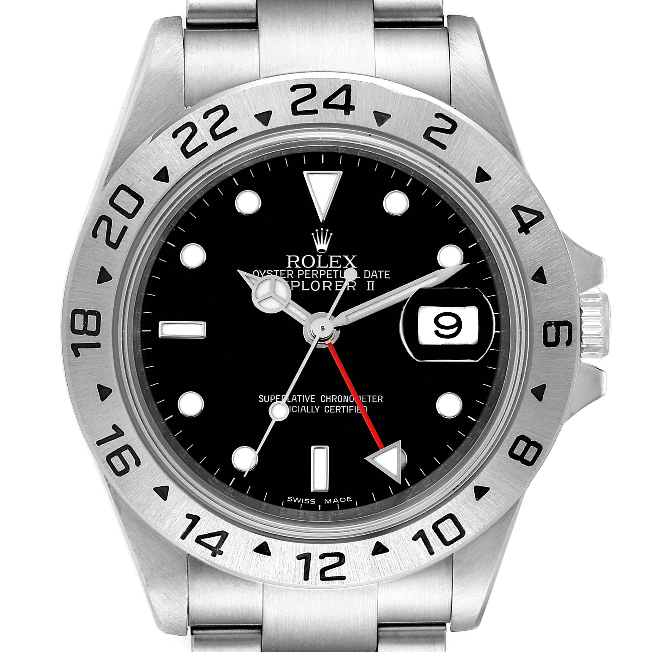 This image shows a front view of the Rolex Explorer 16570 Men's Stainless Steel Black Dial 16570 Men's Stainless Steel Black Dial watch, highlighting the dial, bezel, hands, and date window.