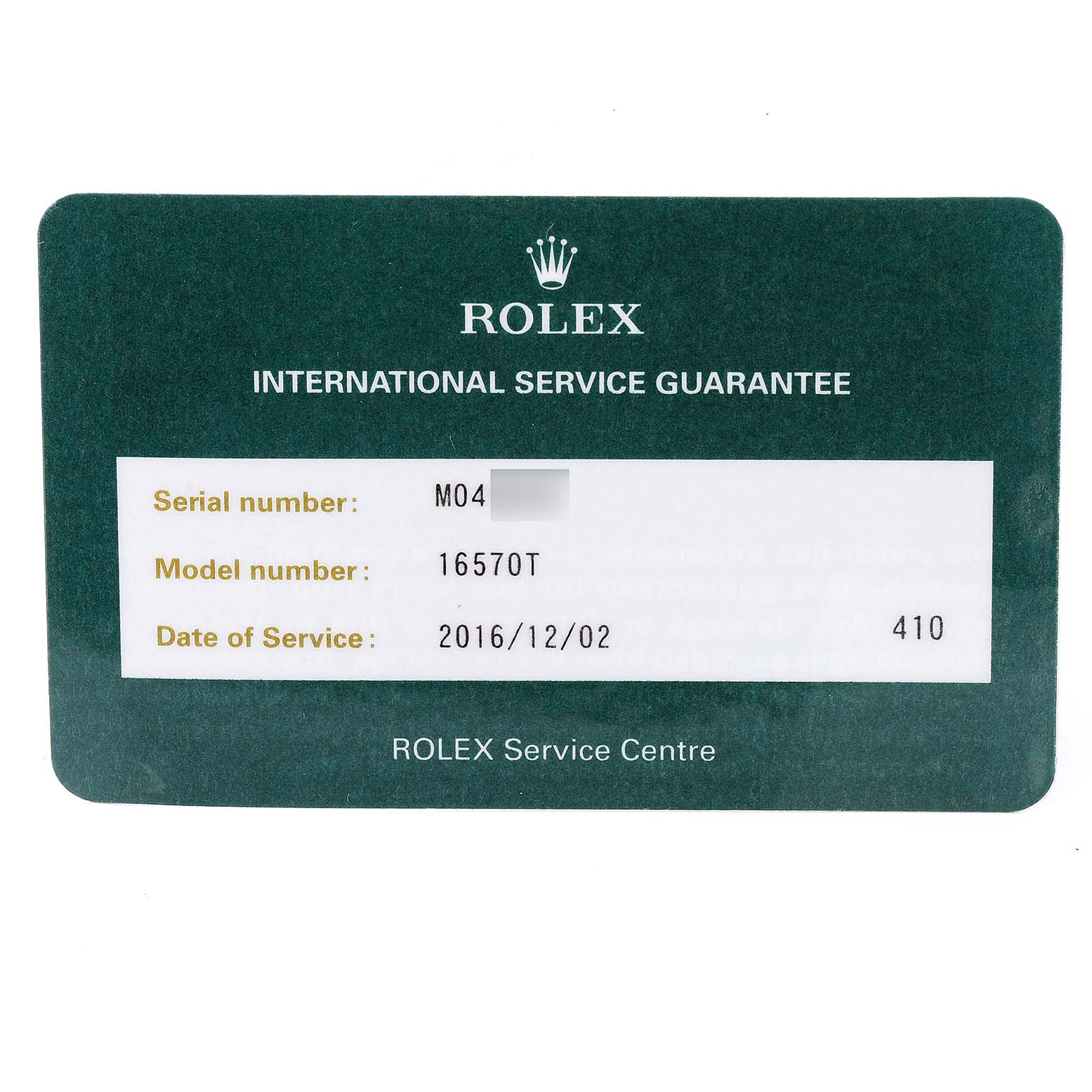 This is an international service guarantee card for the Rolex Explorer 16570 Men's Stainless Steel Black Dial 16570 Men's Stainless Steel Black Dial, model number 16570T.