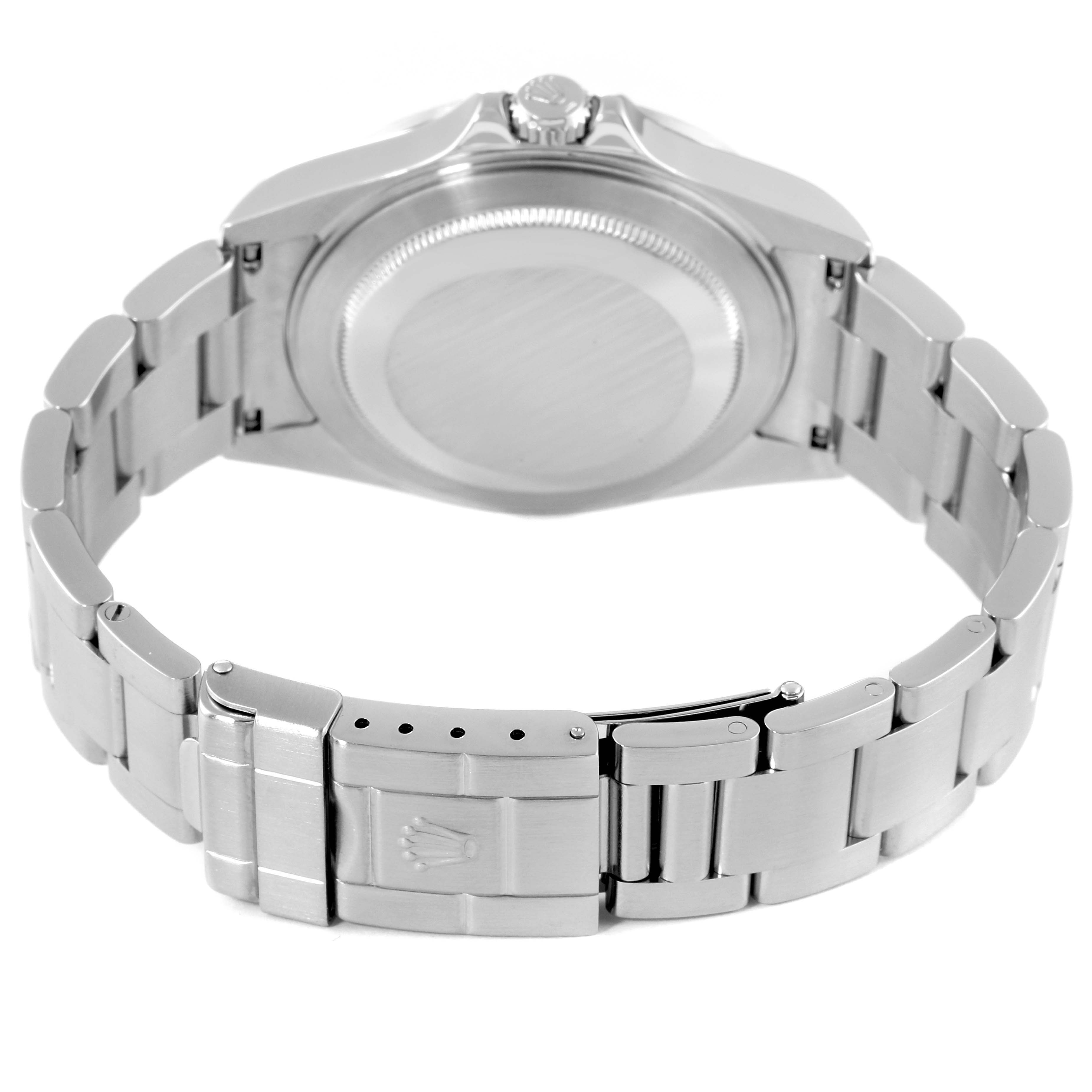 The image shows the back case and full bracelet of a Rolex Explorer 16570 Men's Stainless Steel Black Dial 16570 Men's Stainless Steel Black Dial watch, including the clasp.