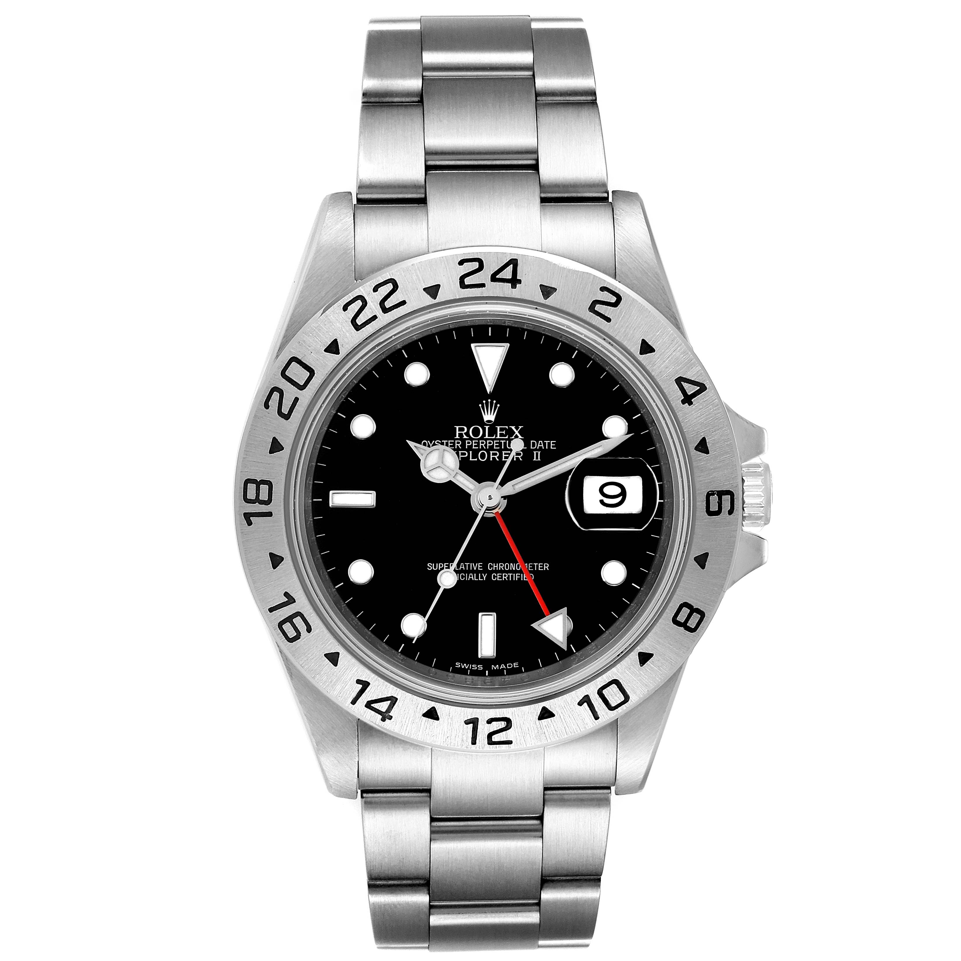 The image shows a front view of a Rolex Explorer 16570 Men's Stainless Steel Black Dial 16570 Men's Stainless Steel Black Dial watch, featuring its bezel, dial, hands, and date window.
