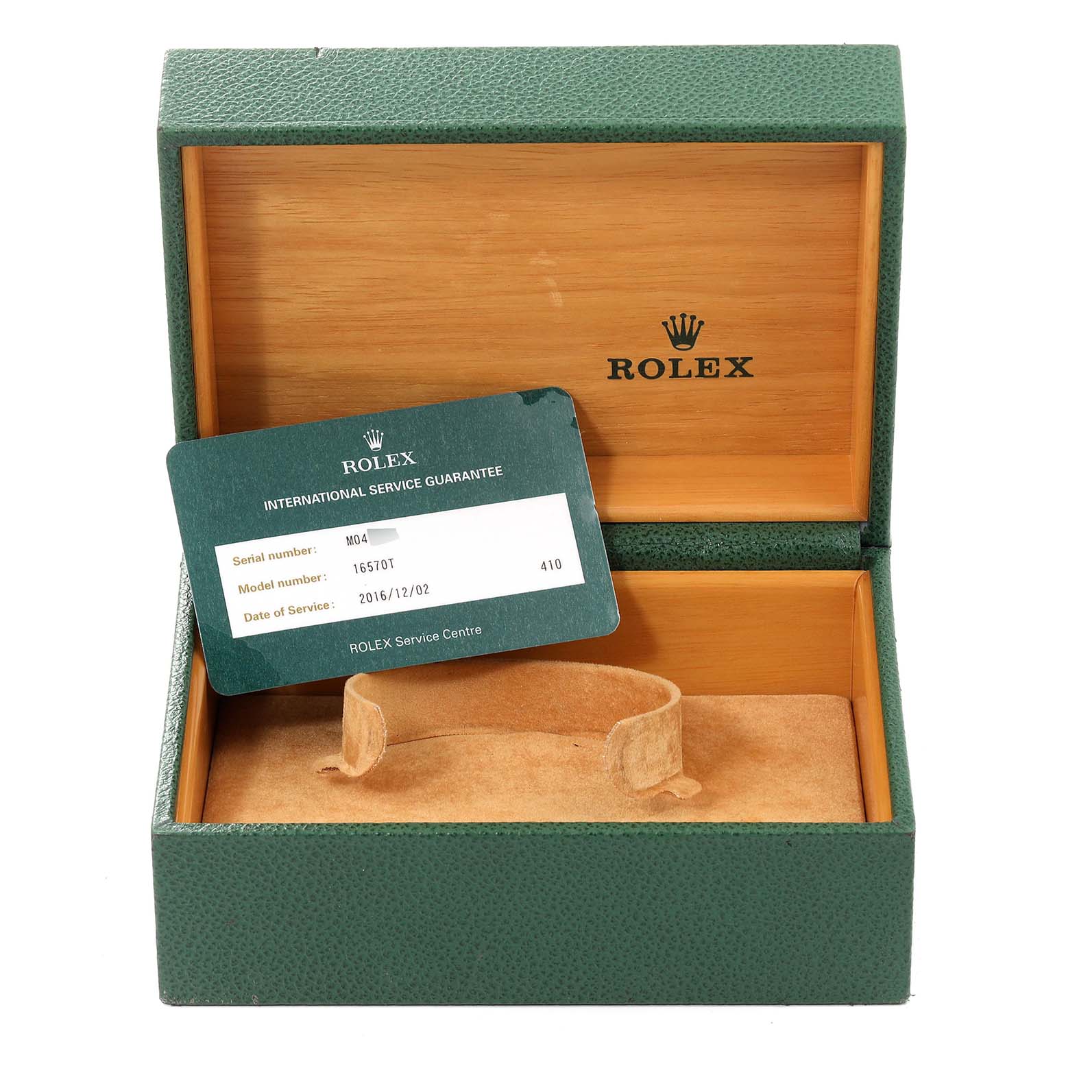 The image shows an open Rolex Explorer 16570 Men's Stainless Steel Black Dial 16570 Men's Stainless Steel Black Dial watch box with an international service guarantee card inside.