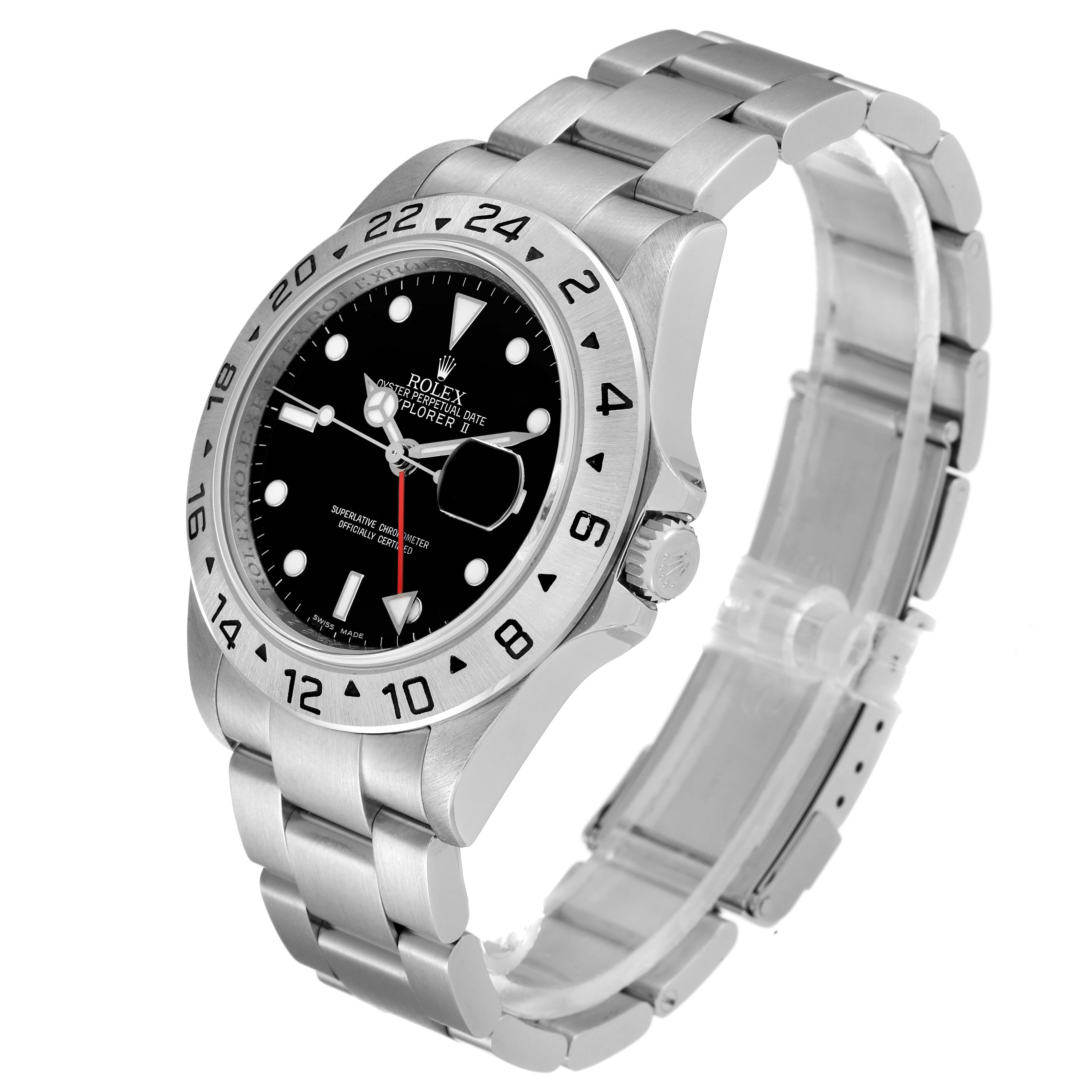 The Rolex Explorer 16570 Men's Stainless Steel Black Dial 16570 Men's Stainless Steel Black Dial watch is shown at an angled side view, displaying its face, bezel, crown, and bracelet.