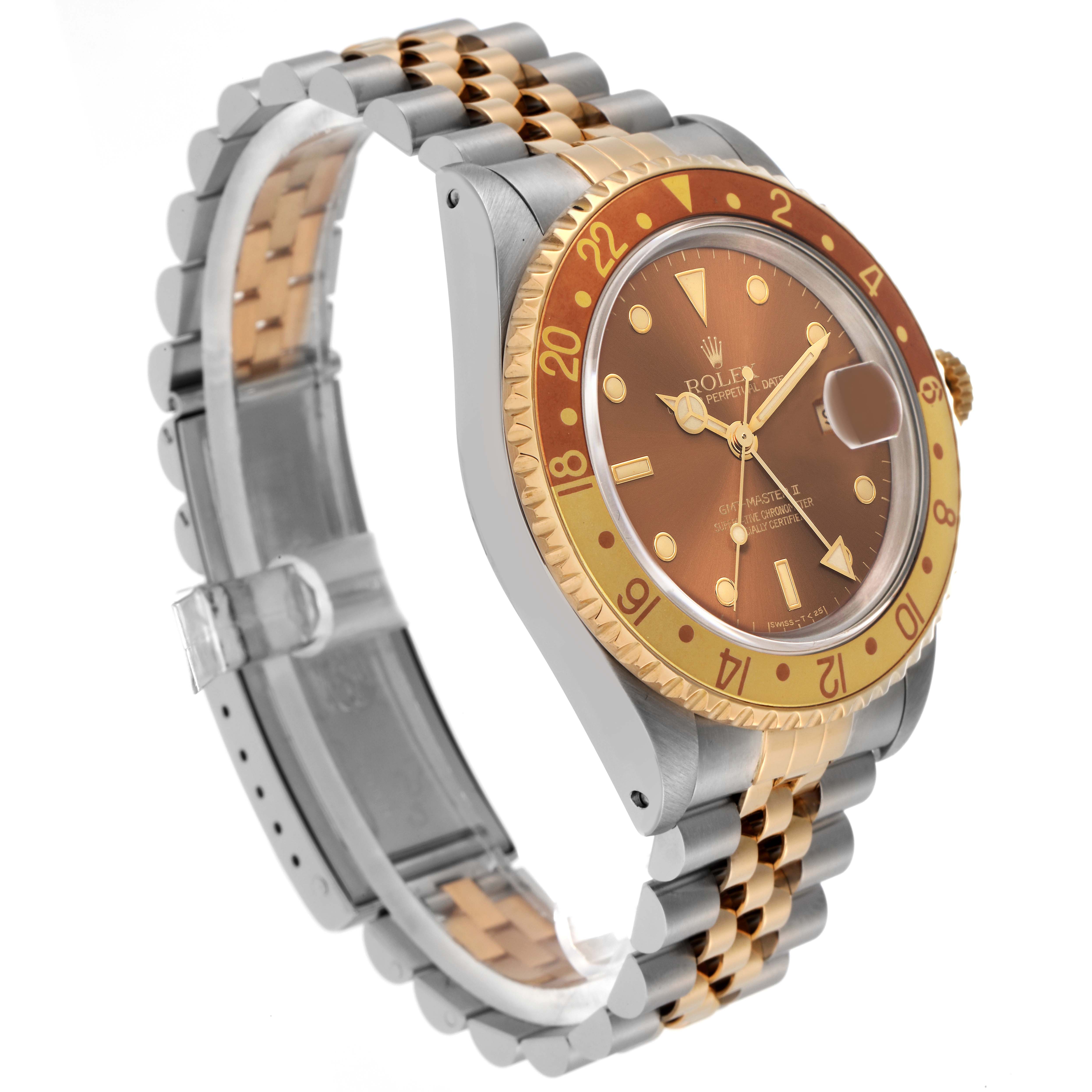 The Rolex GMT-Master model 16713 watch is shown from an angled side view, displaying its two-tone bezel, dial, and part of the bracelet.