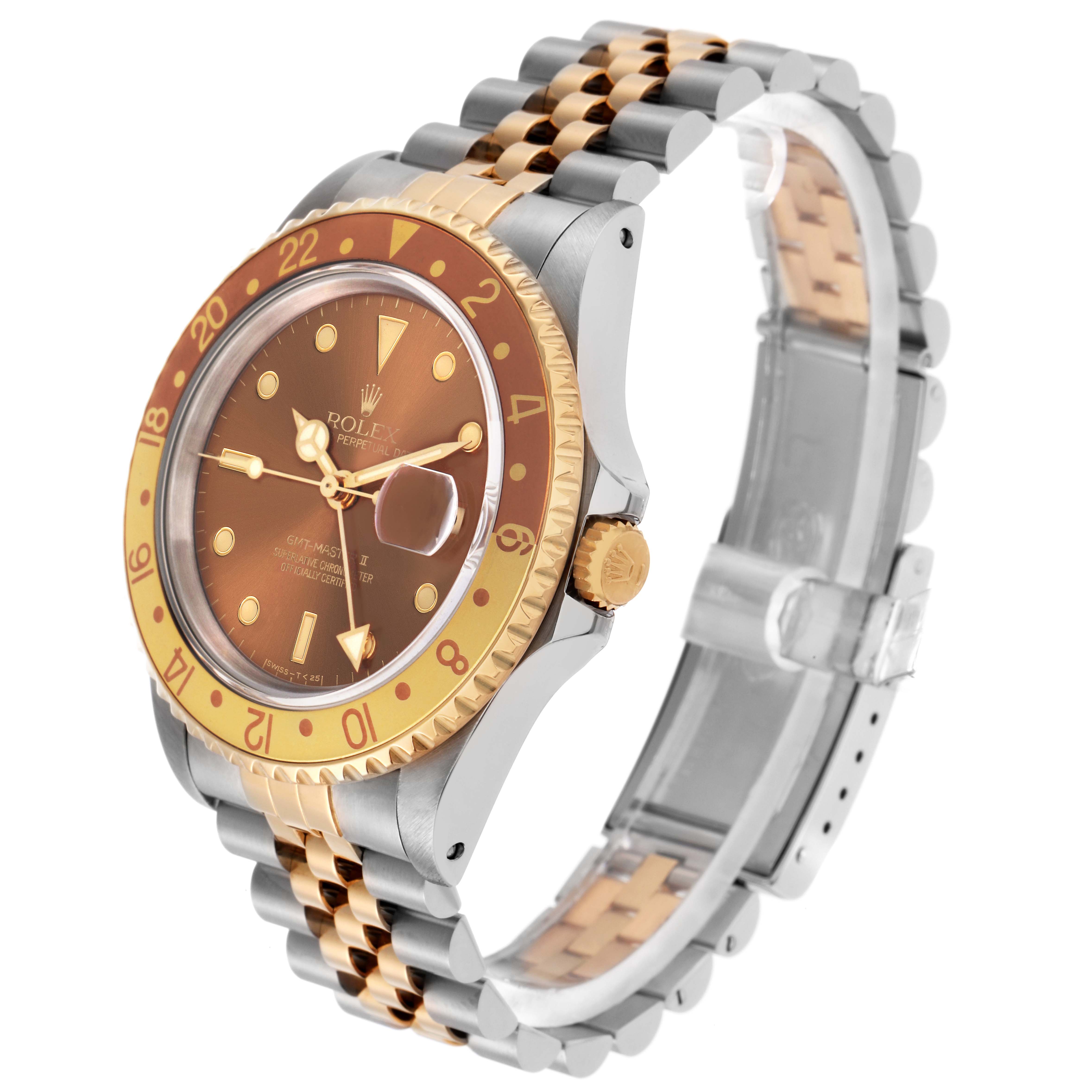 The Rolex GMT-Master model 16713 is shown at a three-quarter angle, highlighting the dial, bezel, crown, and two-tone bracelet.