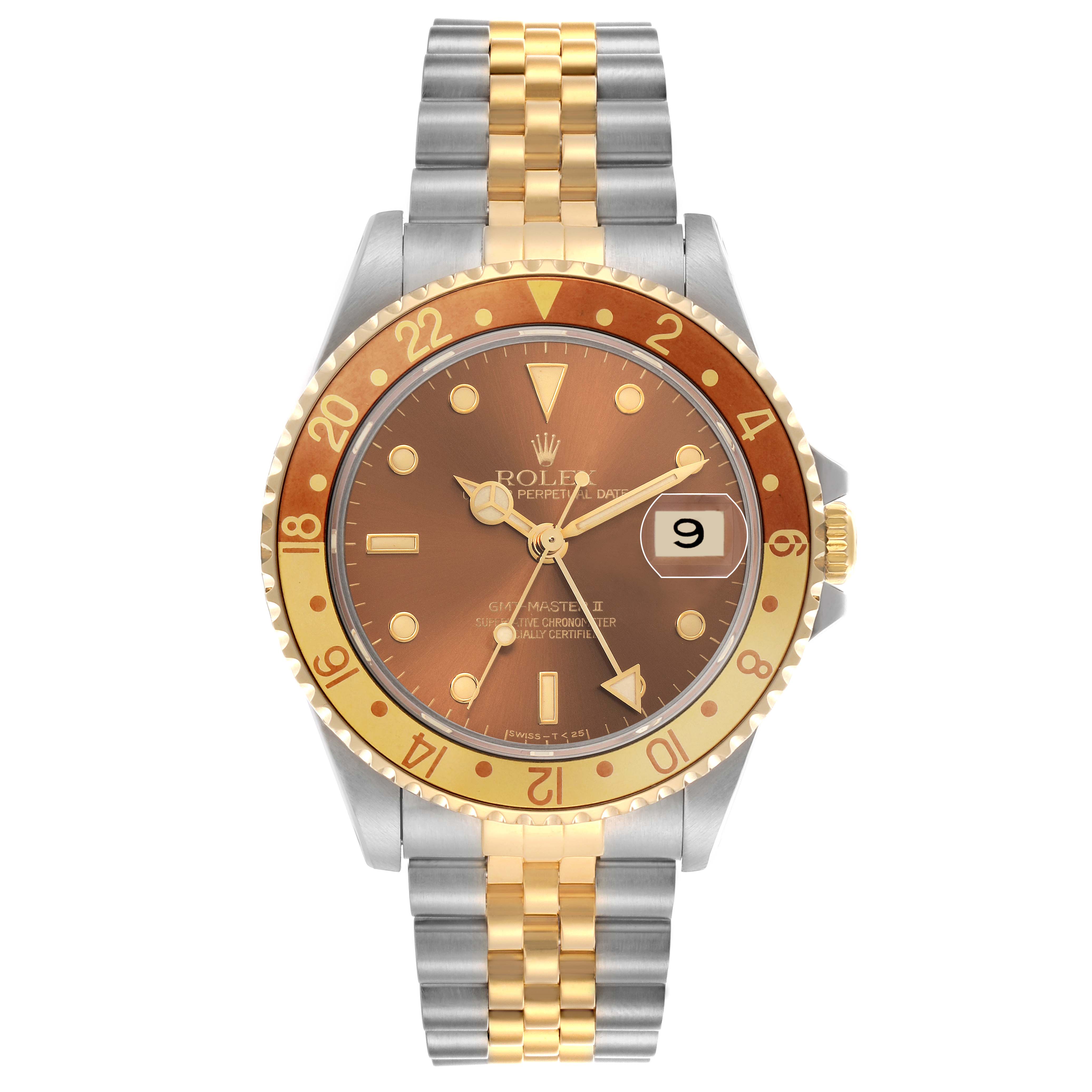 The Rolex GMT-Master model 16713 is shown from a top-down angle, featuring the bezel, dial, hands, date window, and dual-tone bracelet.