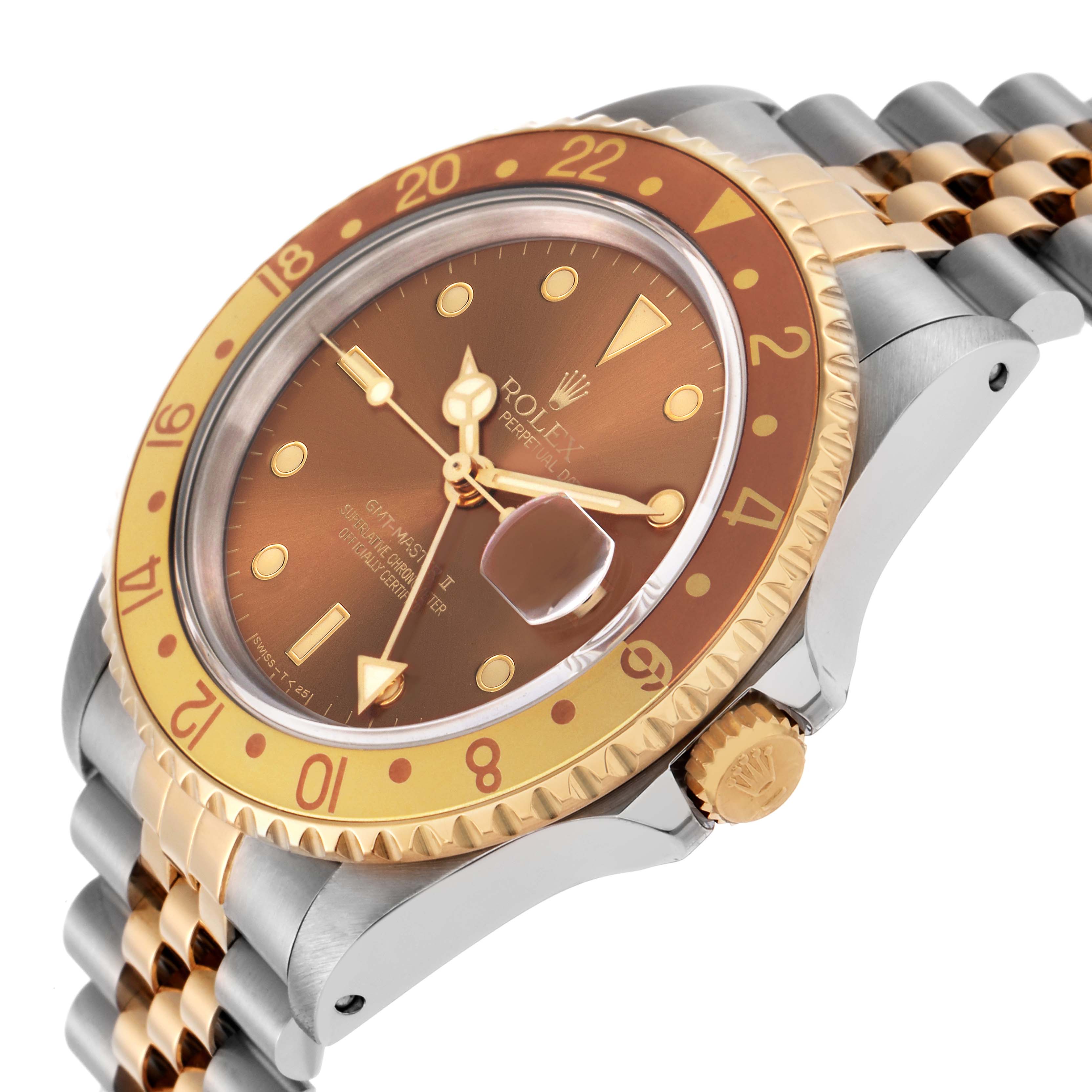 The Rolex GMT-Master model 16713 watch is shown at an angle highlighting its gold bezel, crown, and brown dial with jubilee bracelet.