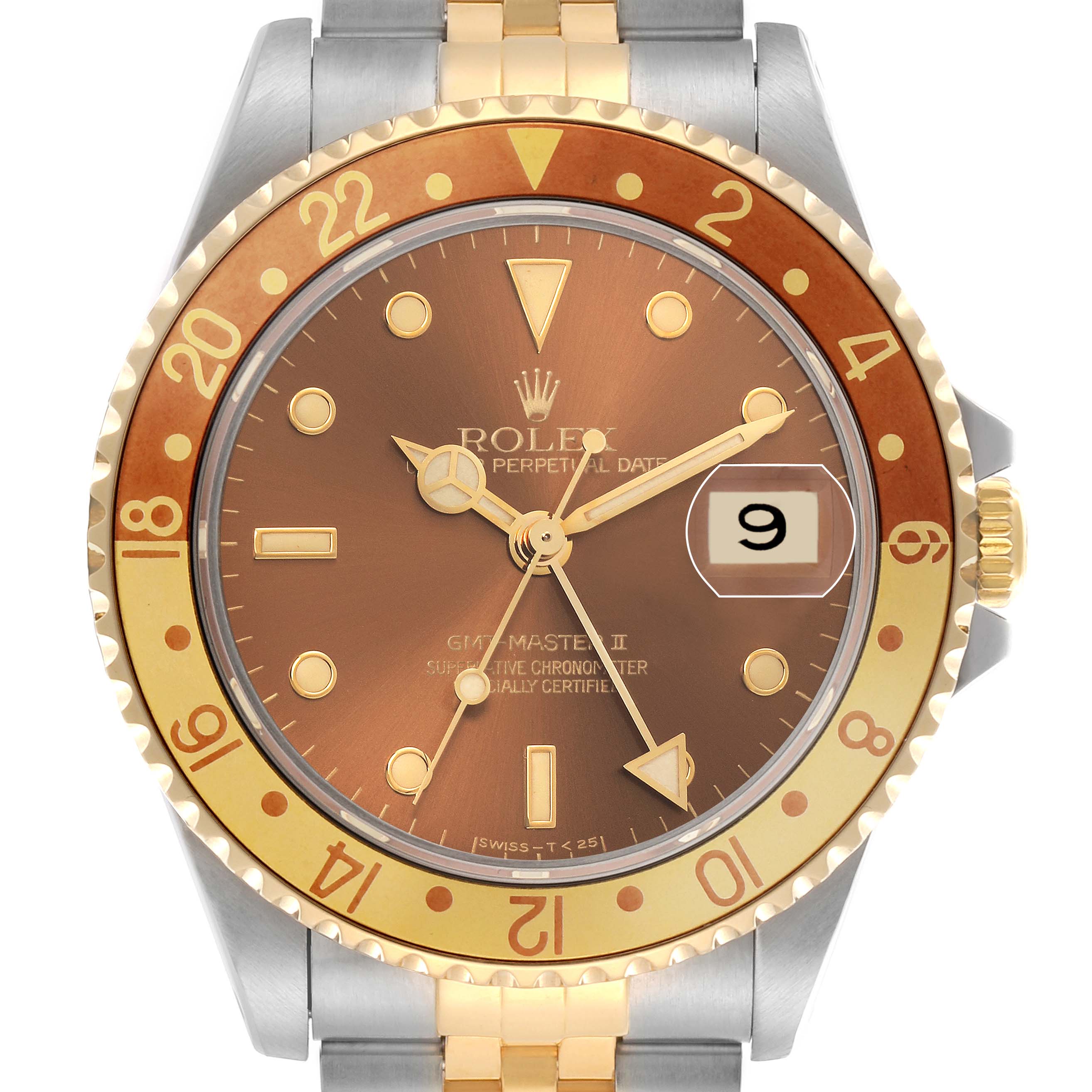 The Rolex GMT-Master model 16713 is shown from the front, highlighting its brown dial, gold markers, two-tone bezel, and date window.