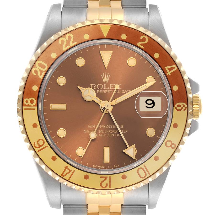 The Rolex GMT-Master model 16713 is shown from the front, highlighting its brown dial, gold markers, two-tone bezel, and date window.