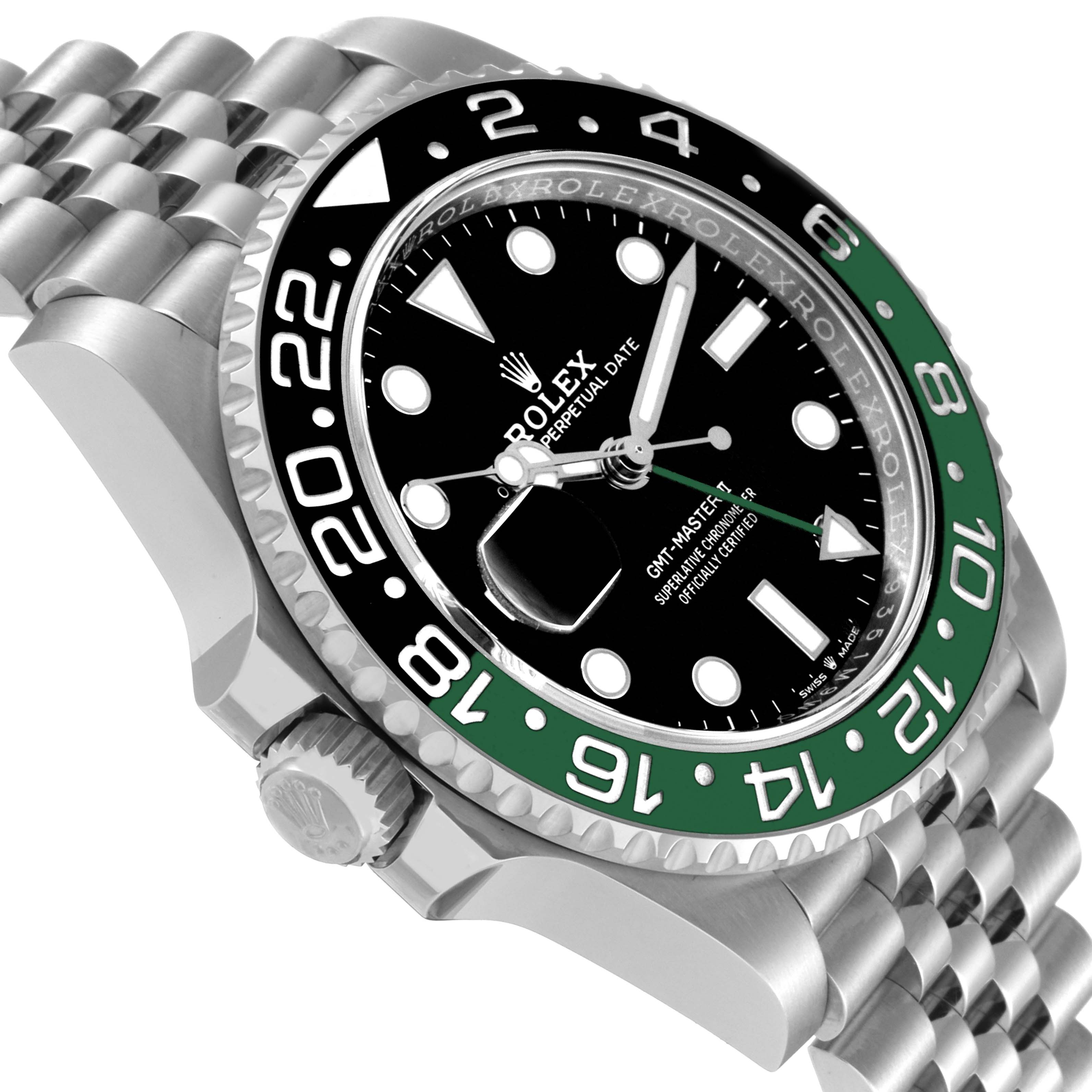 This image shows a close-up angle of the Rolex GMT-Master 126720 Men's Stainless Steel Black Dial 126720 Men's Stainless Steel Black Dial watch, highlighting its bezel, crown, and bracelet.