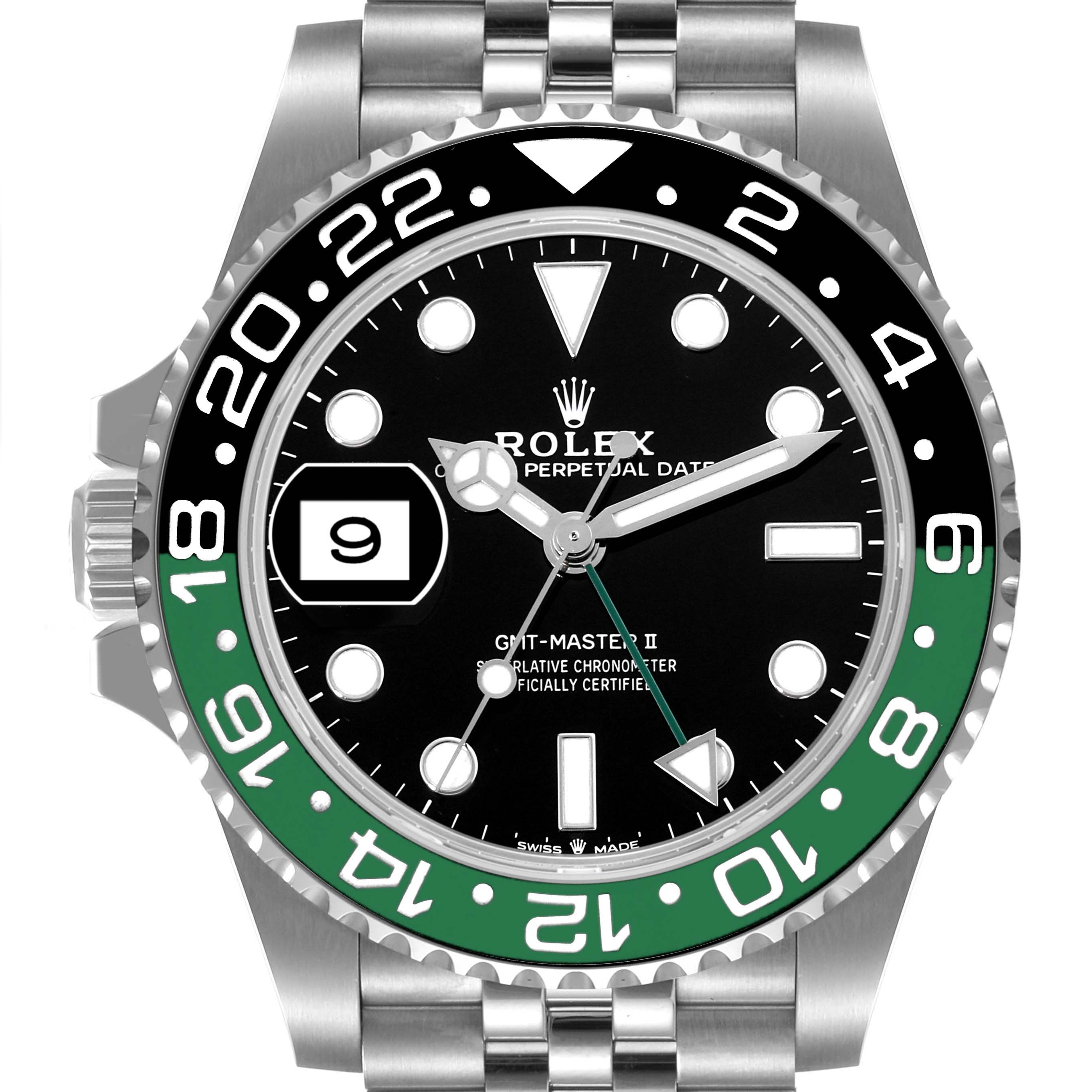 This image shows a front view of a Rolex GMT-Master 126720 Men's Stainless Steel Black Dial 126720 Men's Stainless Steel Black Dial II watch, highlighting the bezel, dial, hands, and date window.