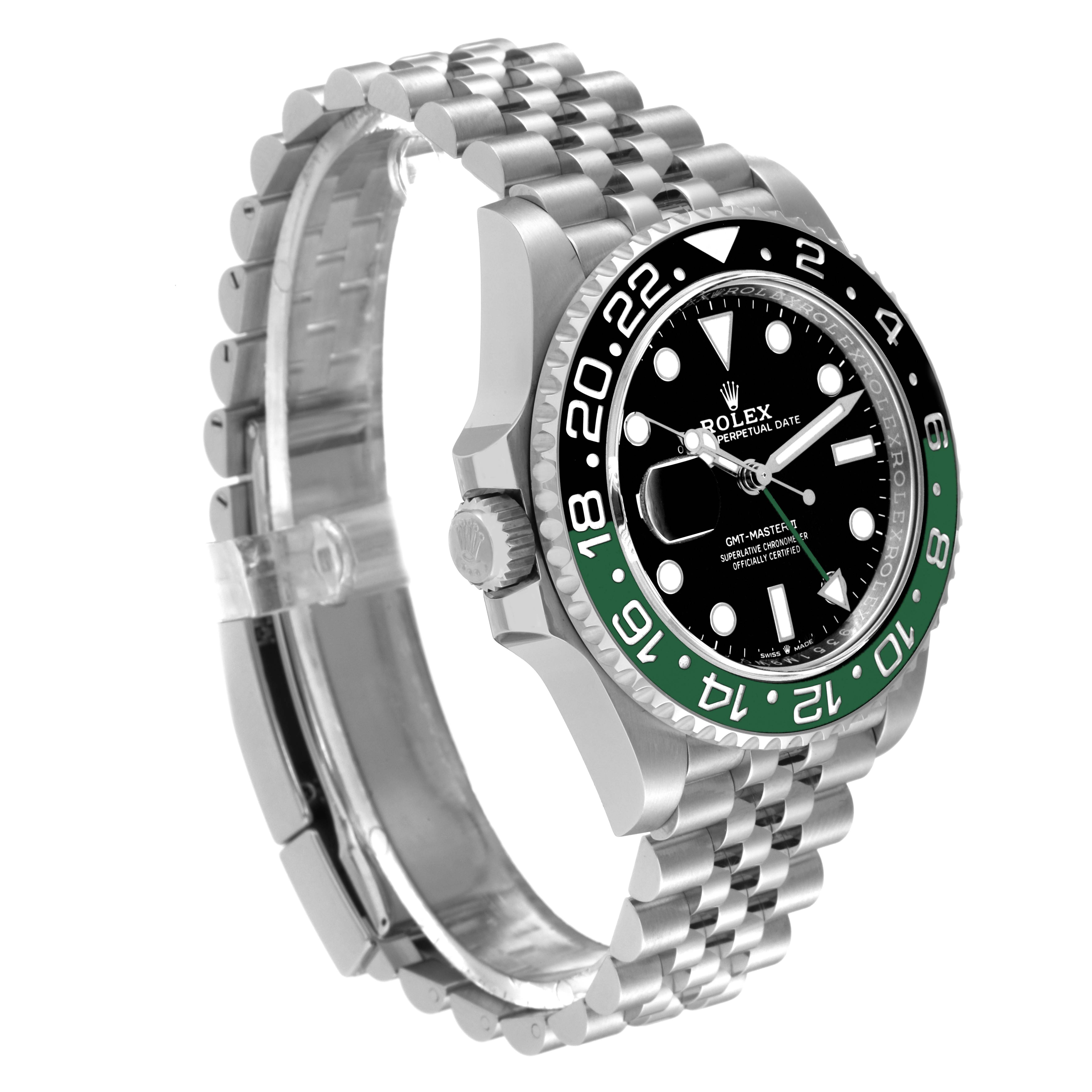 The image shows a side angle view of the Rolex GMT-Master 126720 Men's Stainless Steel Black Dial 126720 Men's Stainless Steel Black Dial watch, highlighting the bezel, dial, and bracelet.