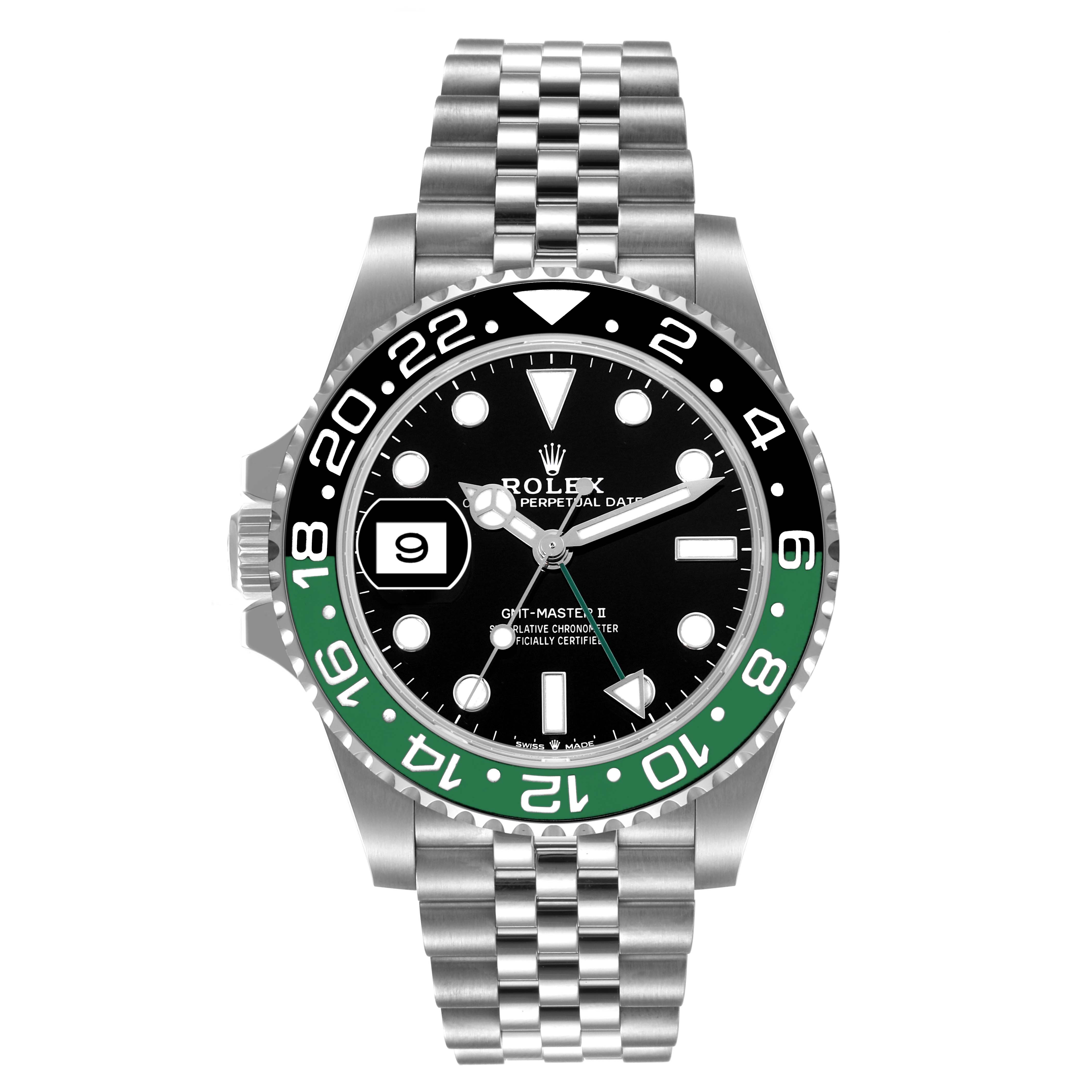 This is a front view of a Rolex GMT-Master 126720 Men's Stainless Steel Black Dial 126720 Men's Stainless Steel Black Dial II watch, showcasing the dial, bezel, case, and bracelet.