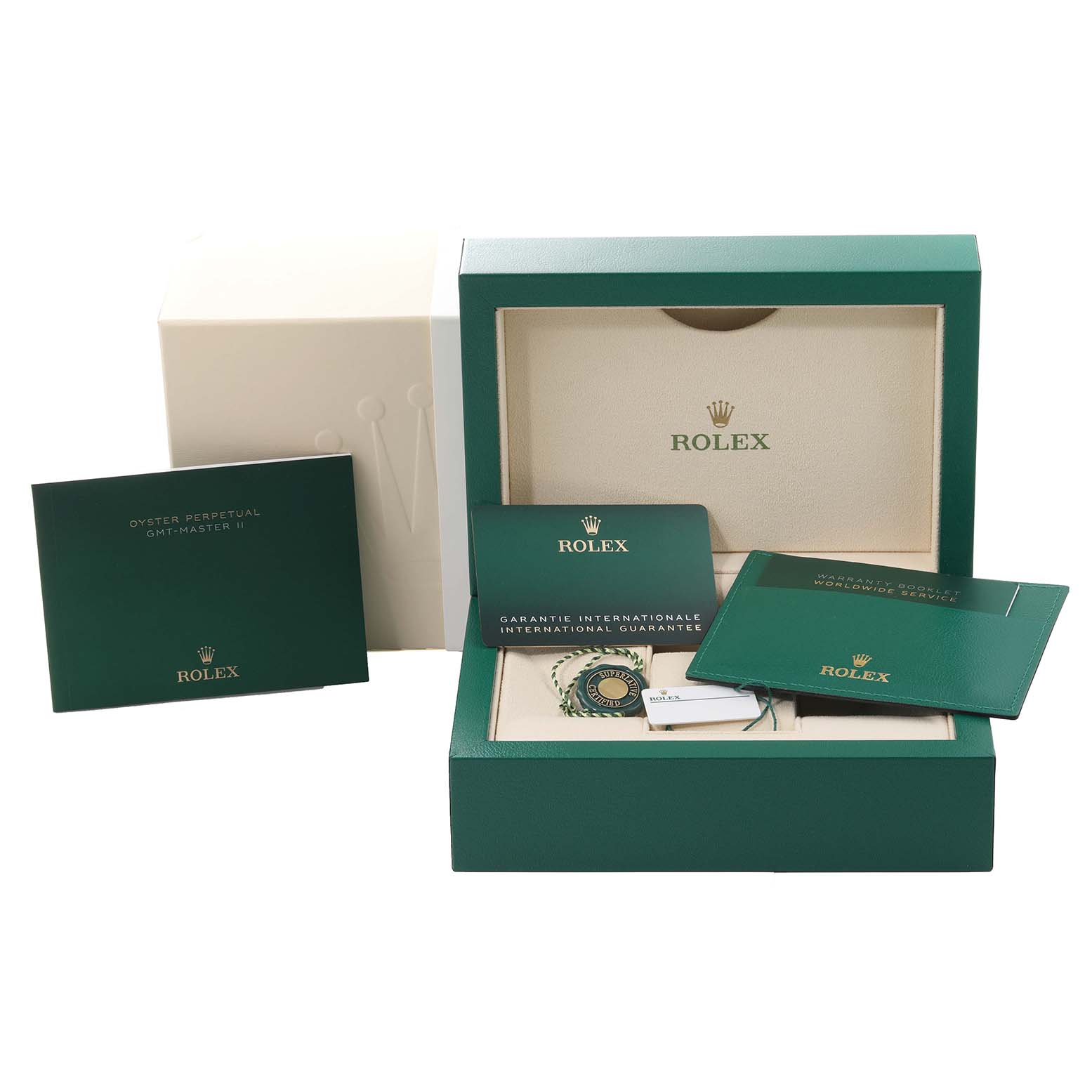 The image shows the packaging and accessories of a Rolex GMT-Master 126720 Men's Stainless Steel Black Dial 126720 Men's Stainless Steel Black Dial II, including the box, manuals, and warranty card.