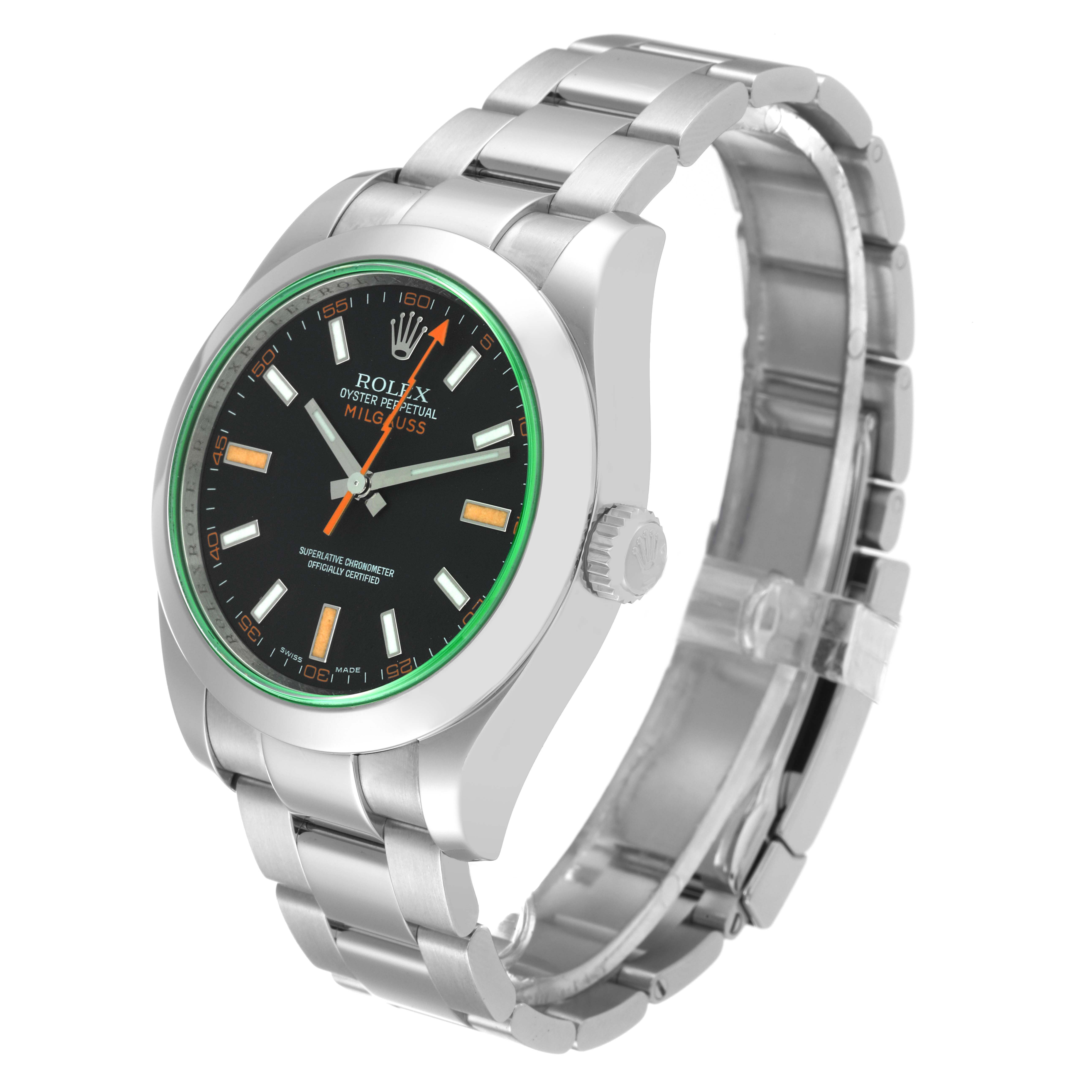 The image shows a Rolex Milgauss 116400 Men's Stainless Steel Black Dial 116400 Men's Stainless Steel Black Dial watch from an angled side view, highlighting the face and part of the bracelet.