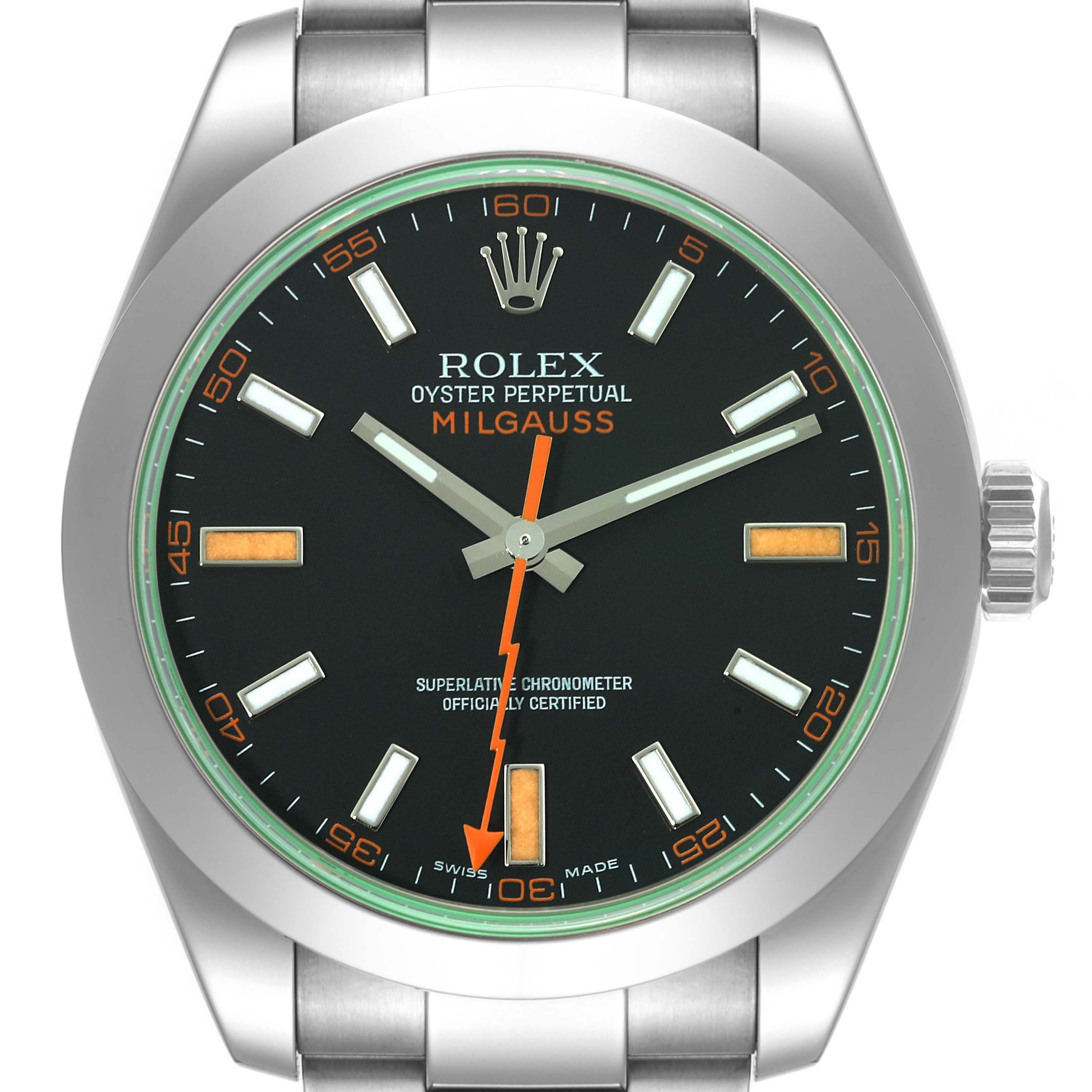 This image shows a front view of a Rolex Milgauss 116400 Men's Stainless Steel Black Dial 116400 Men's Stainless Steel Black Dial watch, highlighting the dial, hands, crown, and part of the bracelet.
