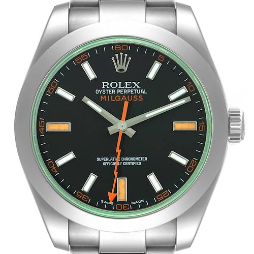 Photo of Rolex Milgauss Black Dial Green Crystal Steel Mens Watch 116400 Box Card
