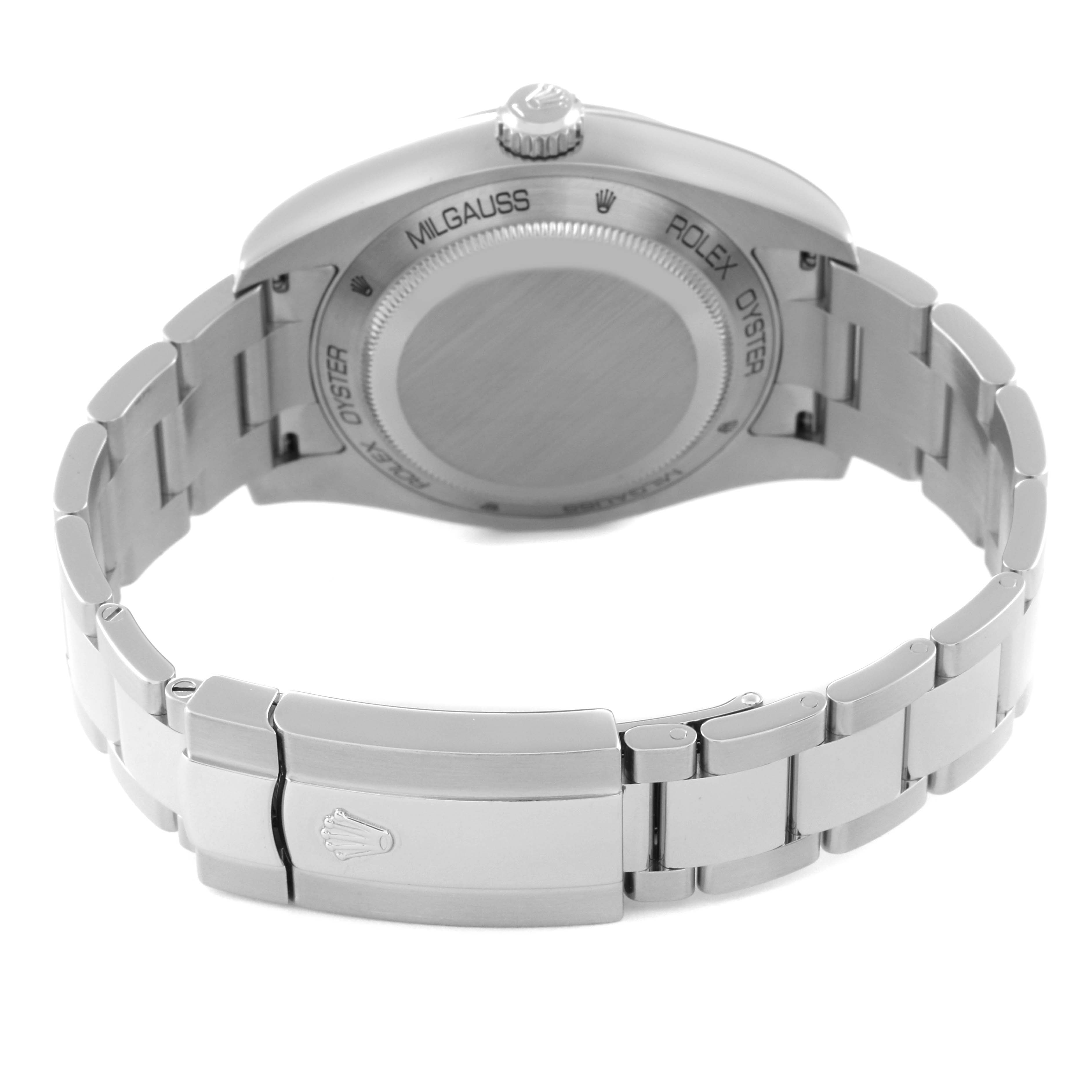 This image shows the back case and bracelet clasp of the Rolex Milgauss 116400 Men's Stainless Steel Black Dial 116400 Men's Stainless Steel Black Dial watch from a rear angle.