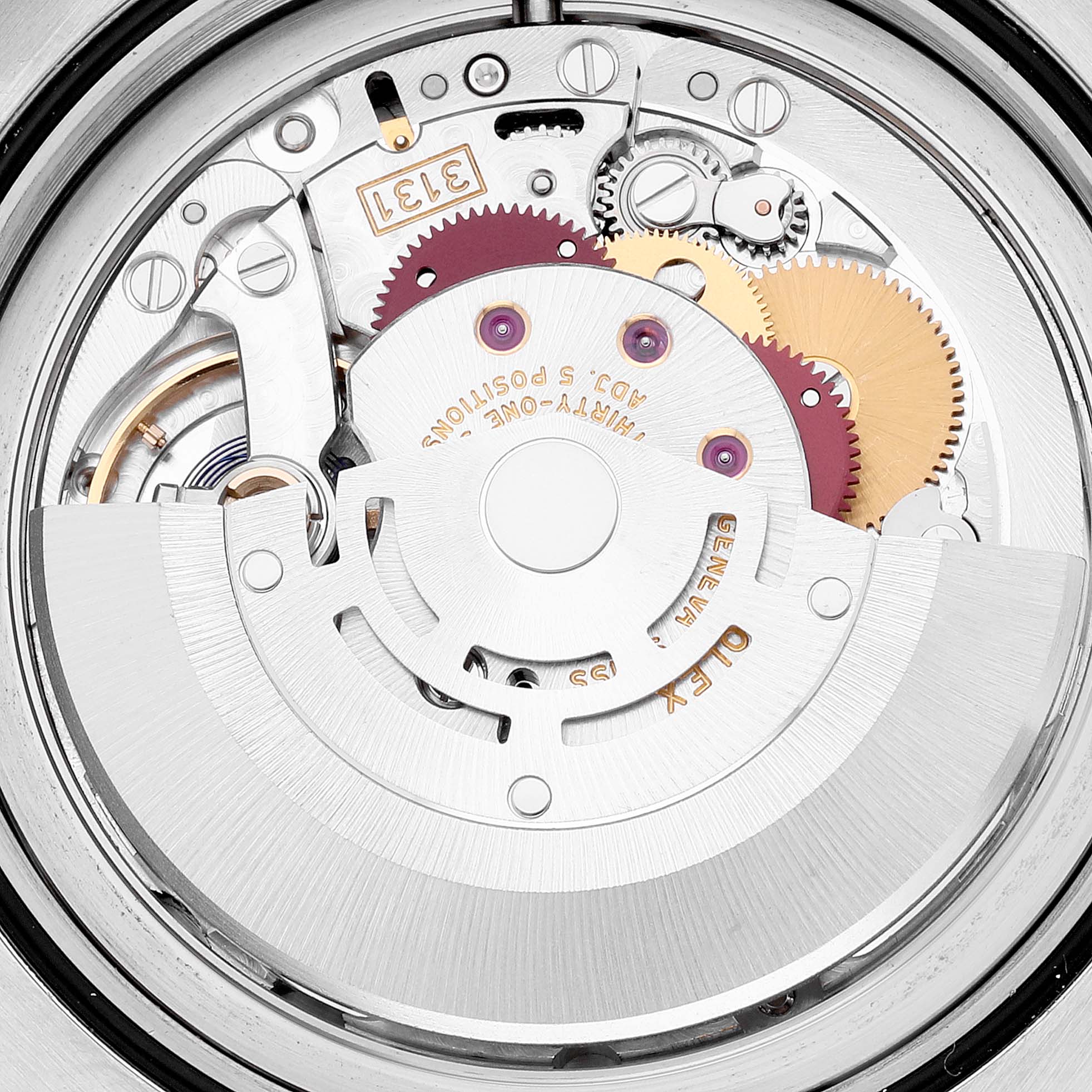 The image shows the inner mechanism of a Rolex Milgauss 116400 Men's Stainless Steel Black Dial 116400 Men's Stainless Steel Black Dial watch, showcasing gears and components from a close-up angle.
