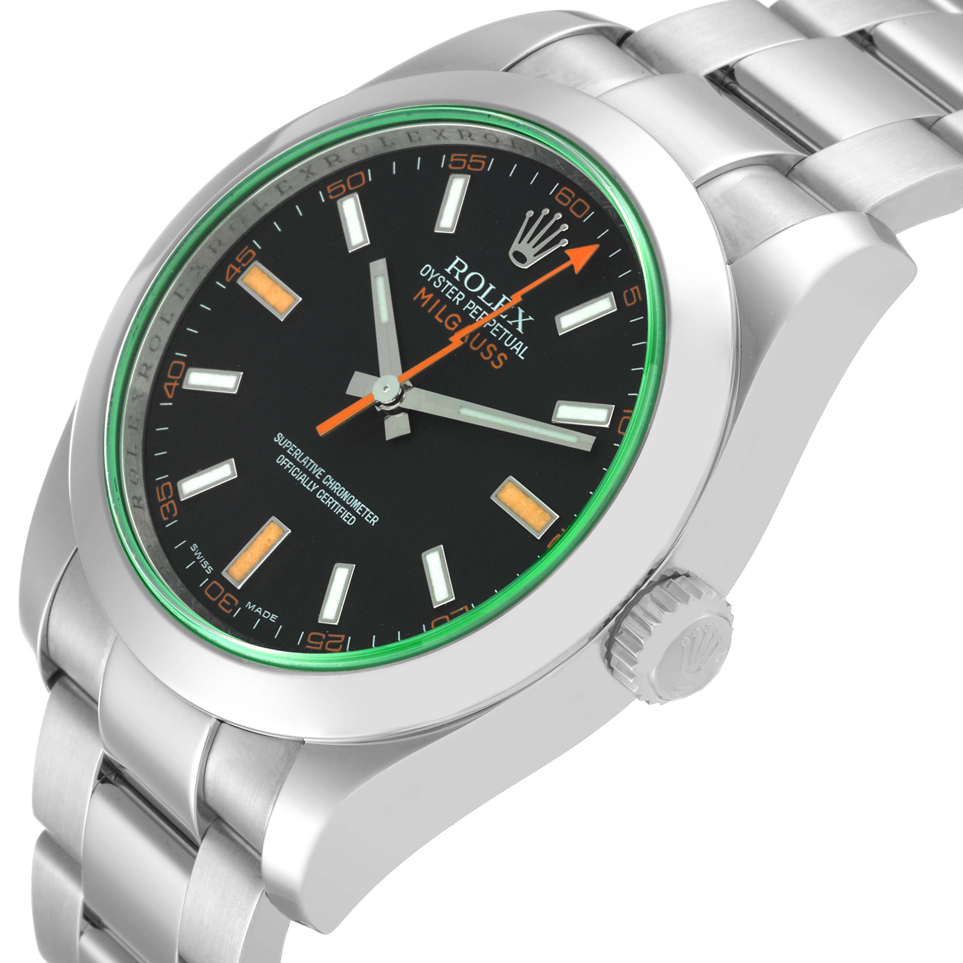 The image shows a close-up of a Rolex Milgauss 116400 Men's Stainless Steel Black Dial 116400 Men's Stainless Steel Black Dial watch, highlighting the black dial, green sapphire crystal, and stainless steel case and bracelet.
