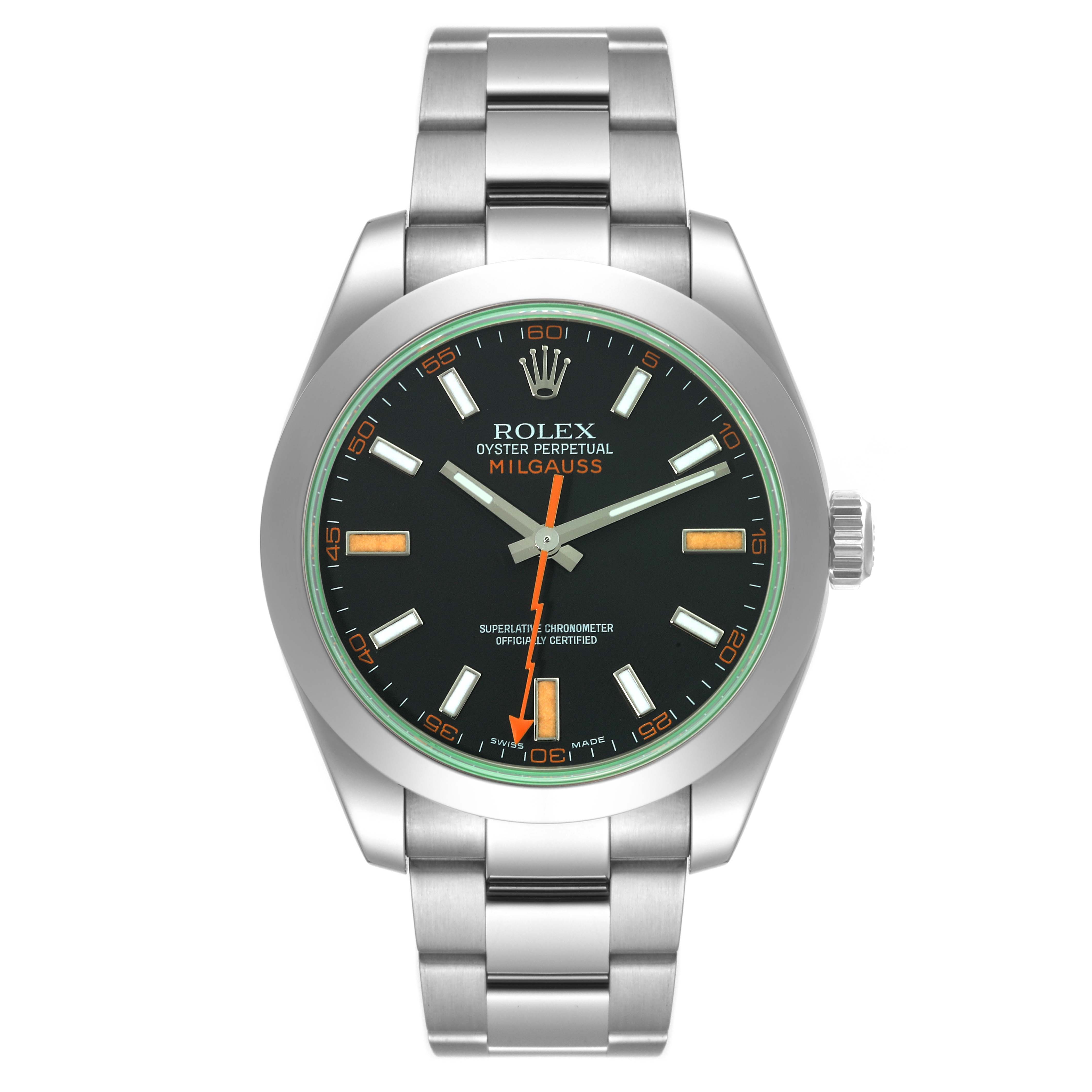 The image shows a front view of a Rolex Milgauss 116400 Men's Stainless Steel Black Dial 116400 Men's Stainless Steel Black Dial watch, highlighting its dial, hands, and stainless steel bracelet.