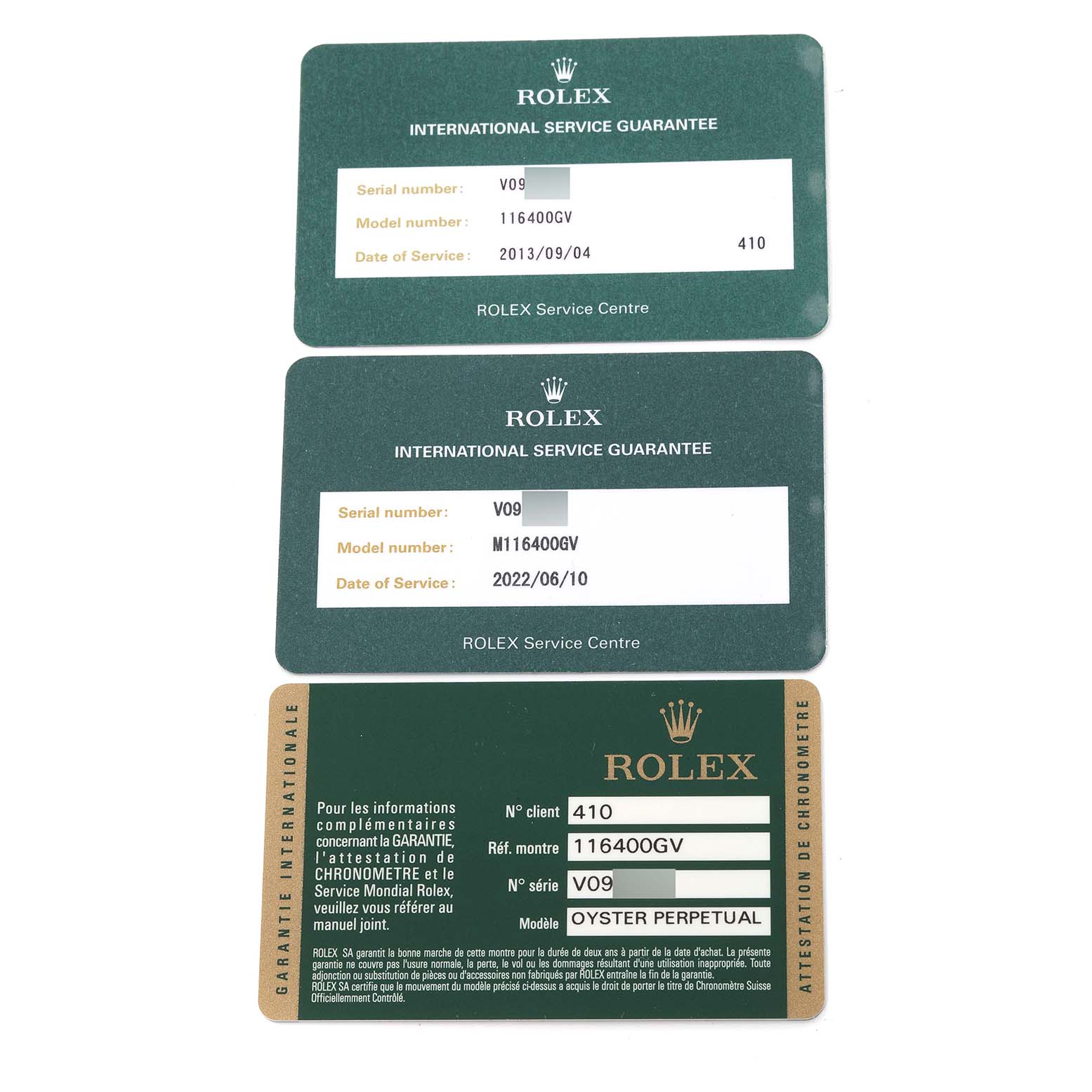 The image shows international service guarantee cards for a Rolex Milgauss 116400 Men's Stainless Steel Black Dial 116400 Men's Stainless Steel Black Dial model M116400GV watch.
