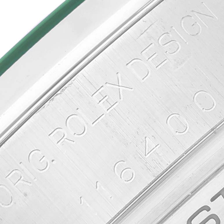 This image shows a close-up of the engraved case back of a Rolex Milgauss 116400 Men's Stainless Steel Black Dial 116400 Men's Stainless Steel Black Dial model watch.