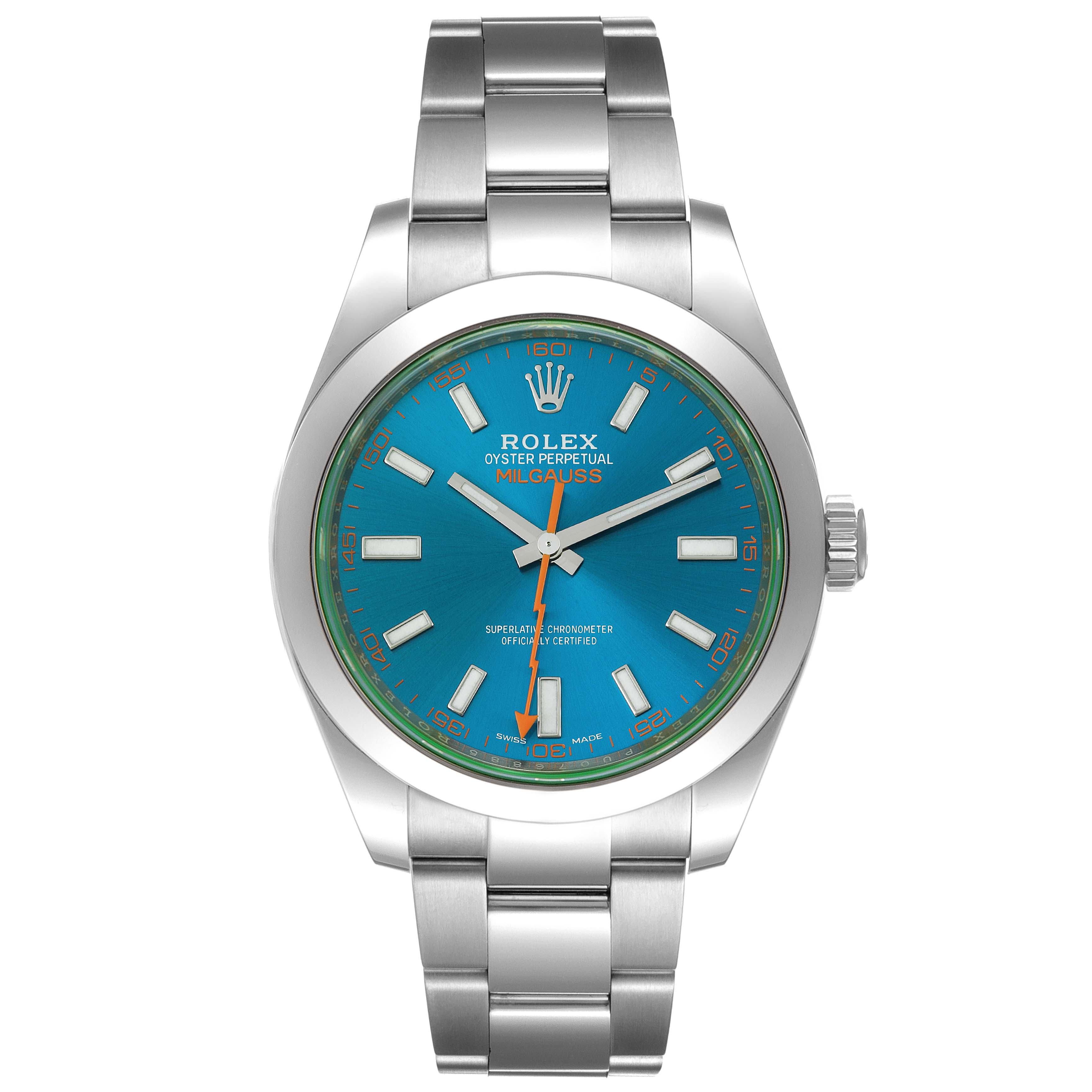 This image shows a front view of a Rolex Milgauss 116400GV Men
s Stainless Steel Blue Dial 116400GV Men
s Stainless Steel Blue Dial watch, highlighting its blue dial, stainless steel case, and bracelet.