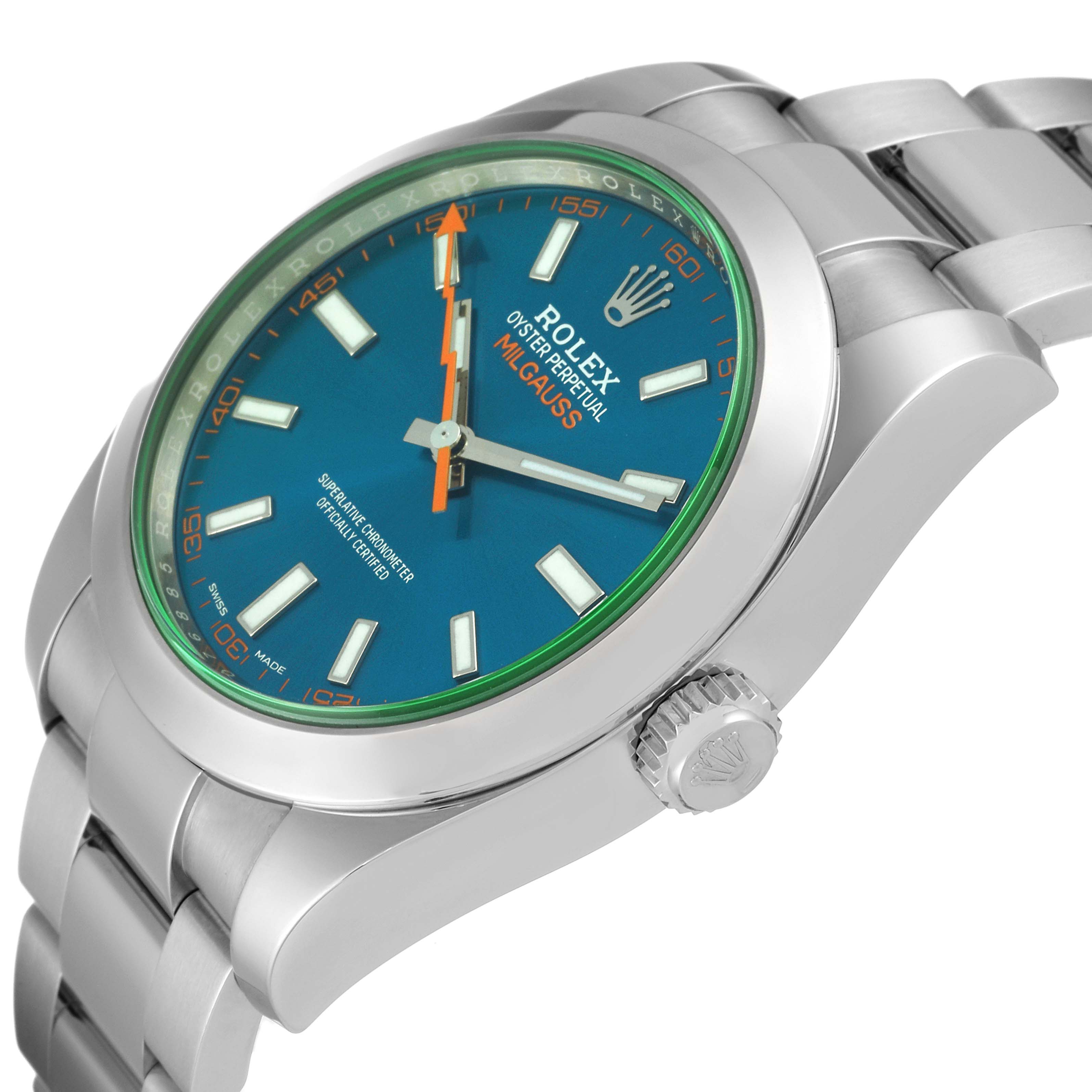 The Rolex Milgauss 116400GV Men
s Stainless Steel Blue Dial 116400GV Men
s Stainless Steel Blue Dial watch is shown at an angle, displaying the dial, crown, and part of the bracelet.