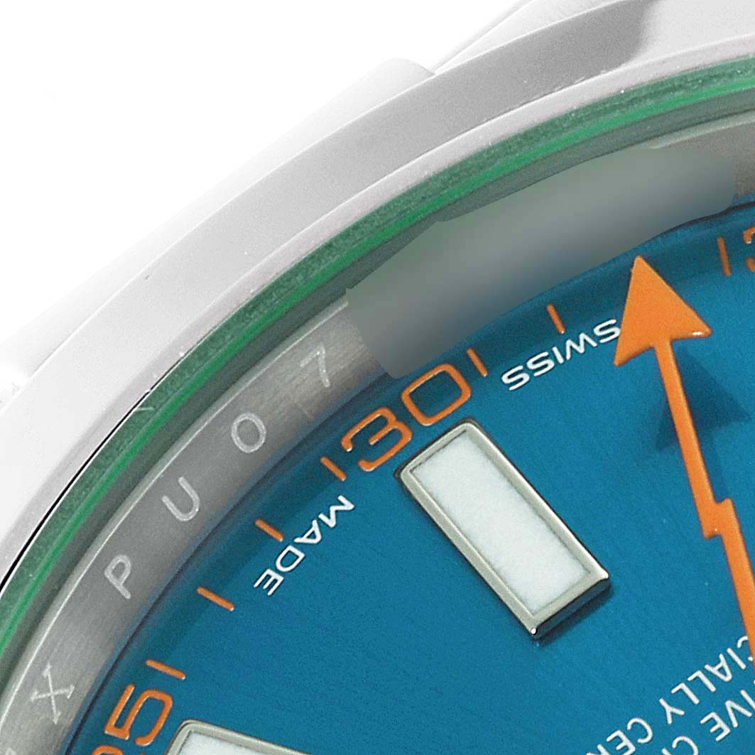 This image shows a close-up of the dial and bezel of a Rolex Milgauss 116400GV Men
s Stainless Steel Blue Dial 116400GV Men
s Stainless Steel Blue Dial watch, highlighting the hour markers and minute indices.