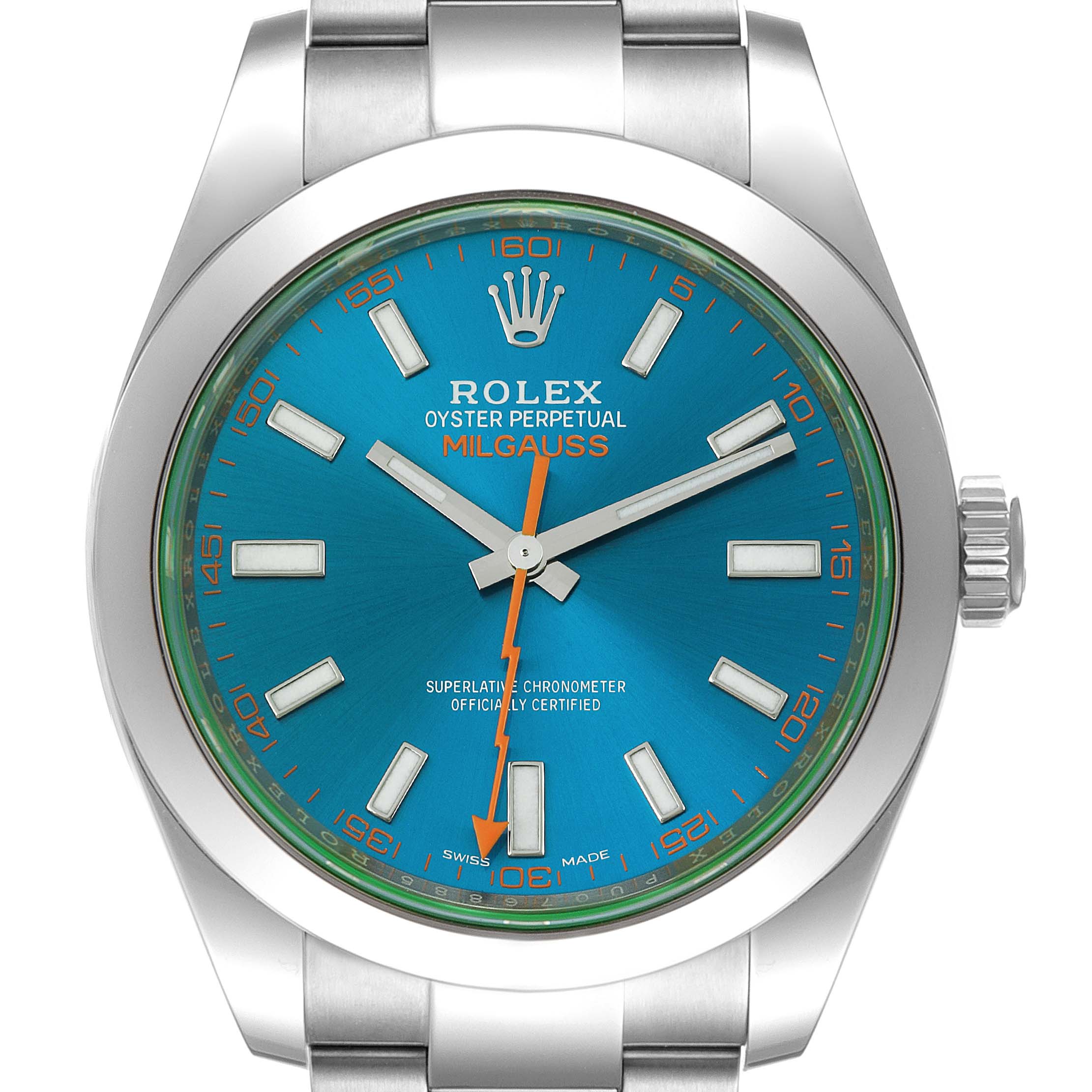 This image shows a front view of the Rolex Milgauss 116400GV Men
s Stainless Steel Blue Dial 116400GV Men
s Stainless Steel Blue Dial watch featuring a blue dial and stainless steel bracelet.
