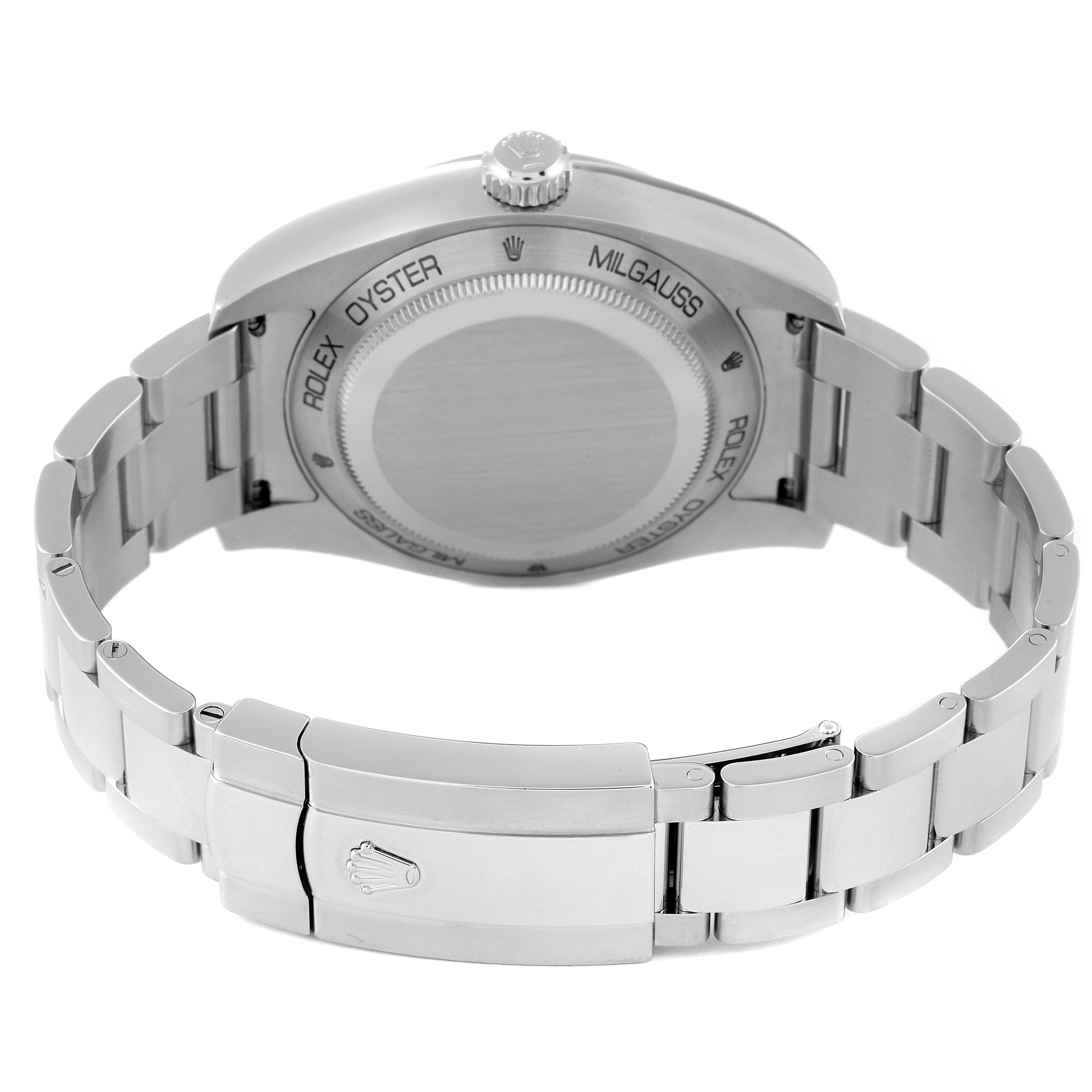 The image shows the back case and bracelet of the Rolex Milgauss 116400GV Men
s Stainless Steel Blue Dial 116400GV Men
s Stainless Steel Blue Dial watch.