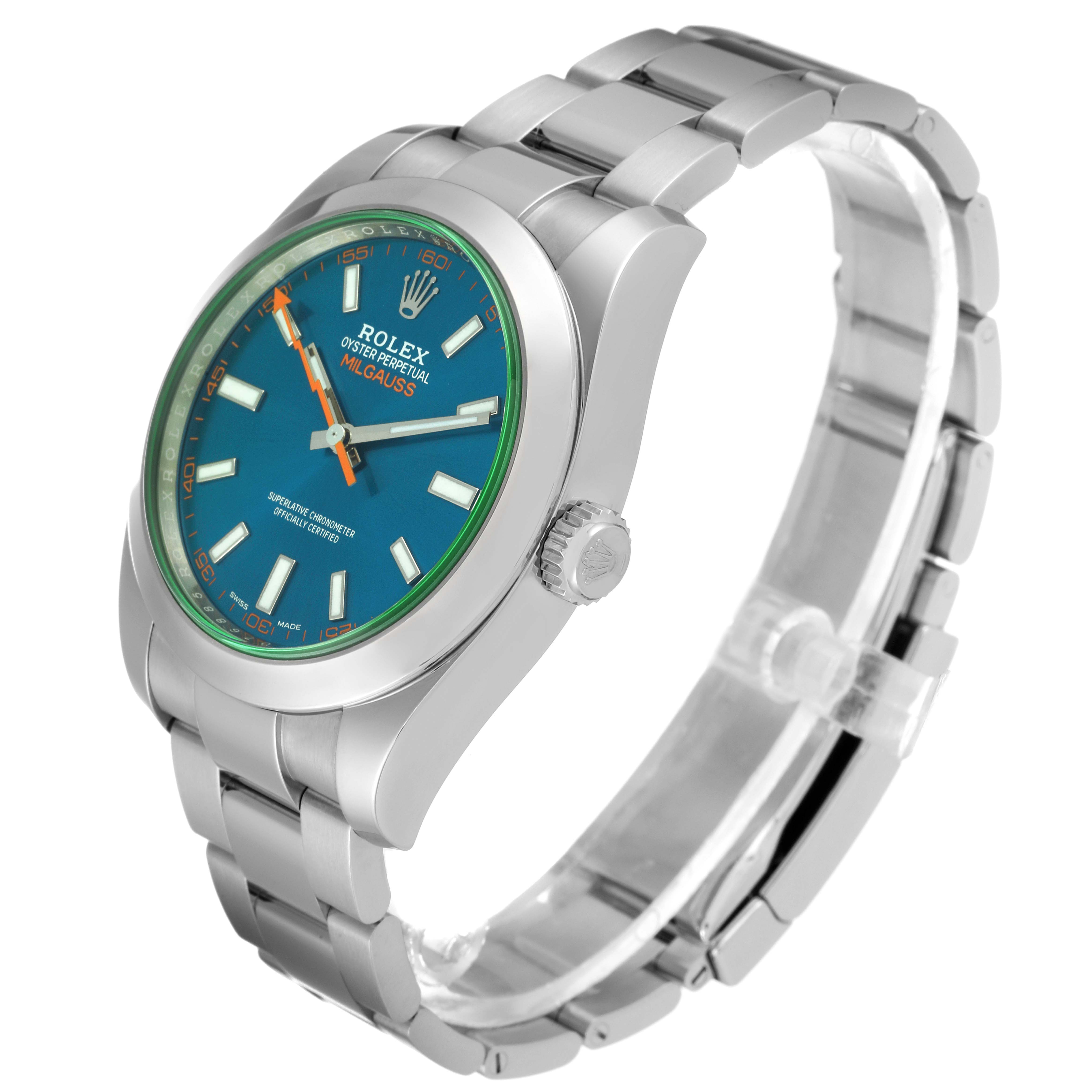 The image shows a side angle of the Rolex Milgauss 116400GV Men
s Stainless Steel Blue Dial 116400GV Men
s Stainless Steel Blue Dial watch, highlighting the face, bezel, crown, and bracelet.