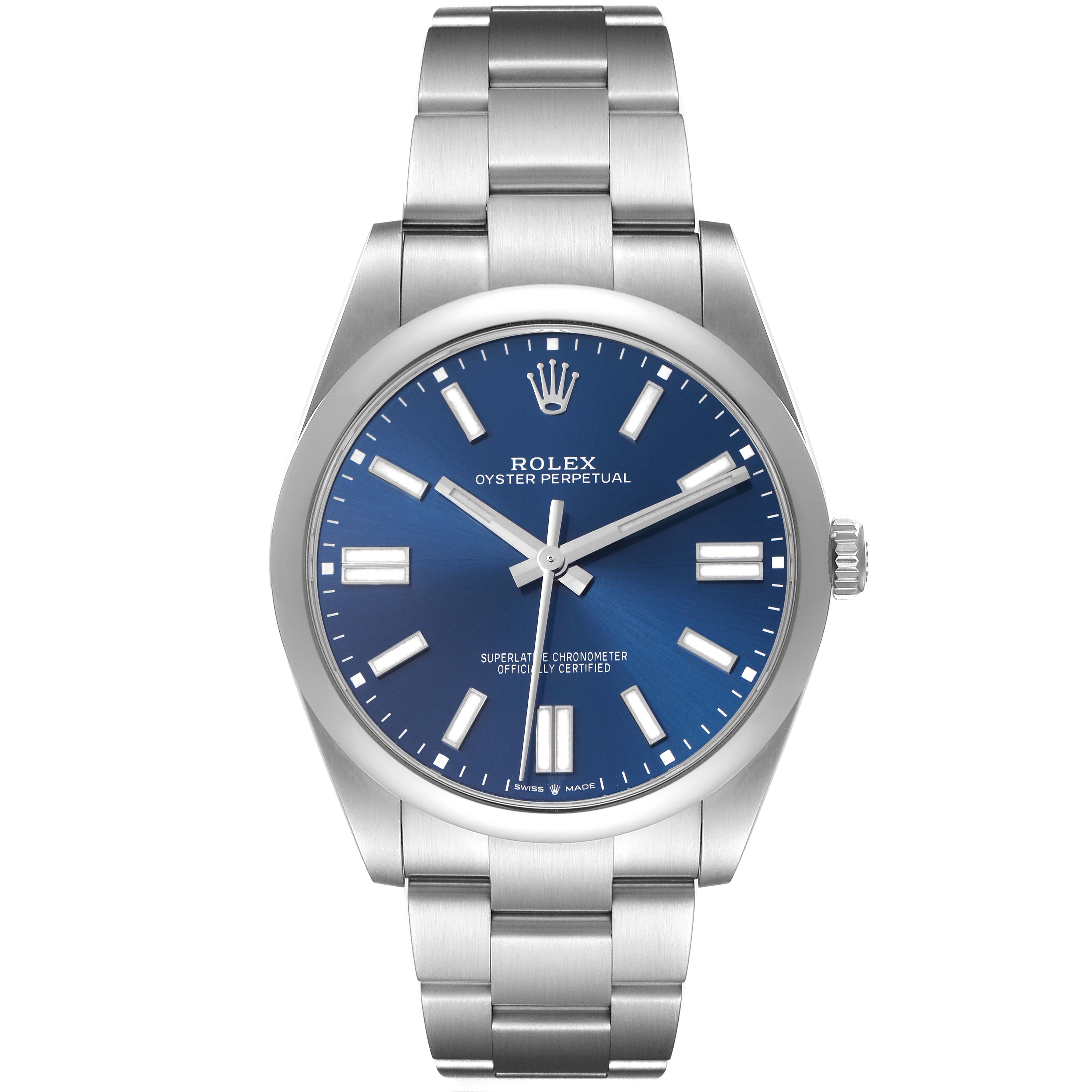 The image shows a front view of the Rolex Oyster Perpetual, model 124300, displaying the dial, bezel, case, bracelet, and crown.