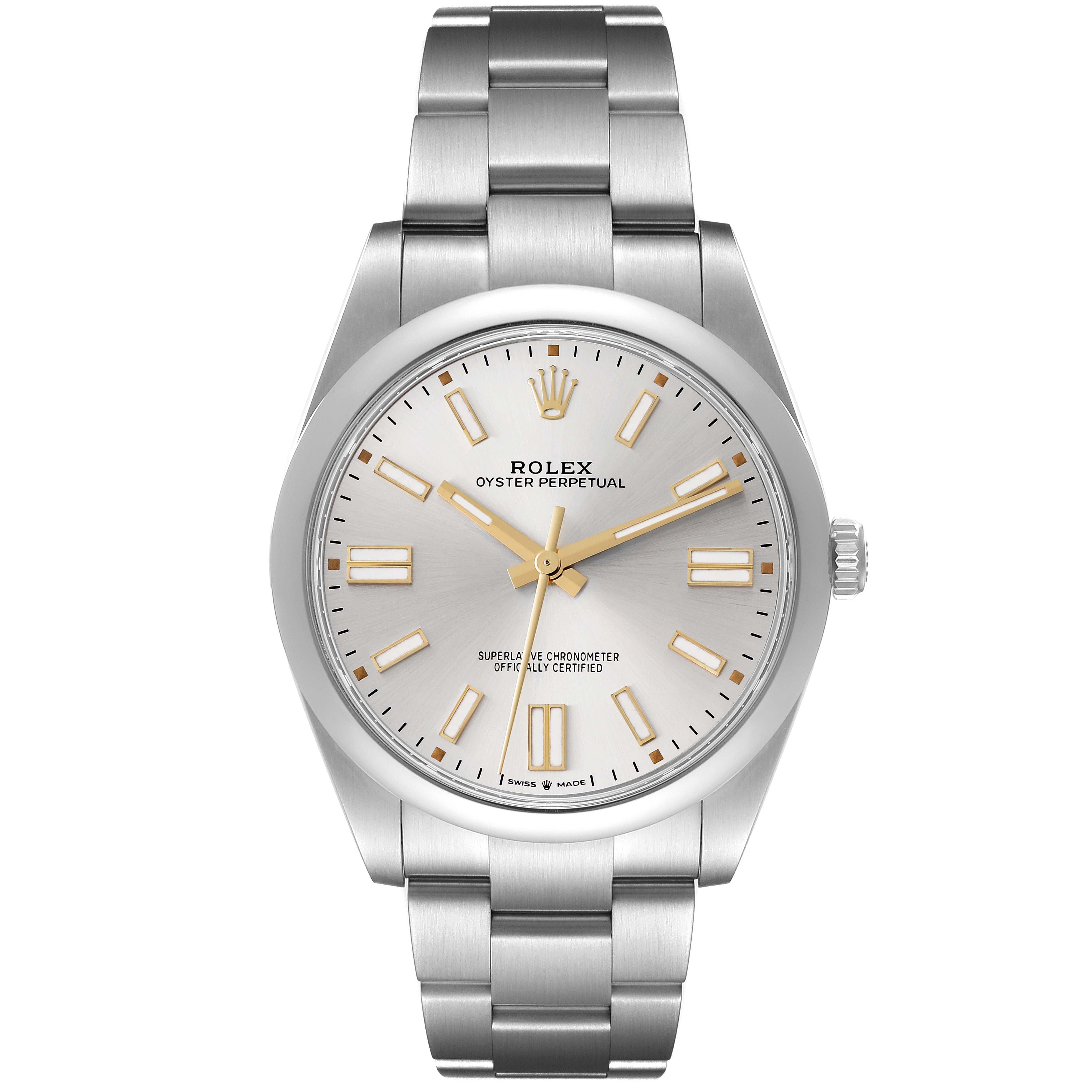 The image shows a front view of a Rolex Oyster Perpetual 124300 Men's Stainless Steel Silver Dial 124300 Men's Stainless Steel Silver Dial watch with a silver dial and stainless steel bracelet.