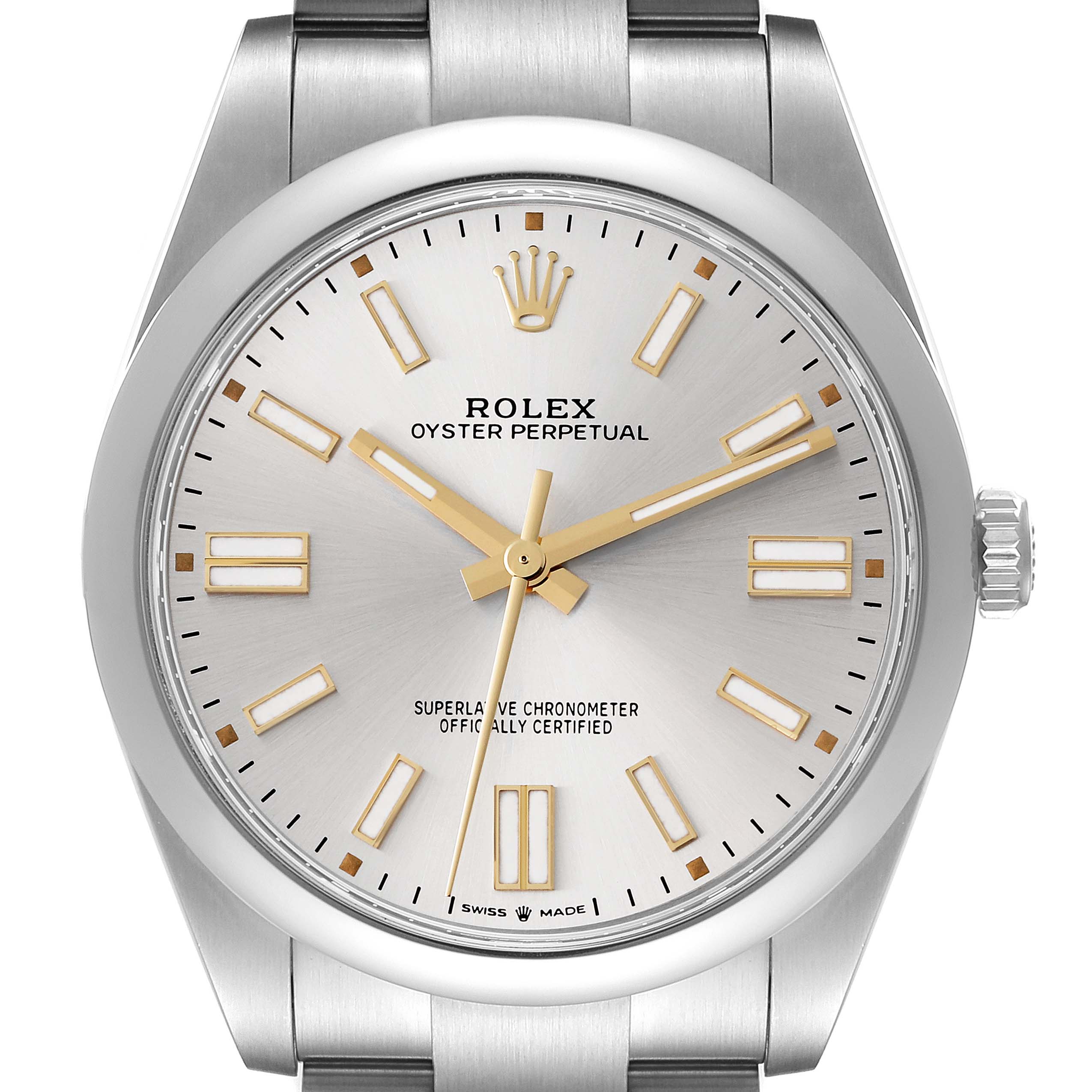 The image shows a front view of the Rolex Oyster Perpetual 124300 Men's Stainless Steel Silver Dial 124300 Men's Stainless Steel Silver Dial watch with its silver dial, gold hour markers, and stainless steel bracelet.