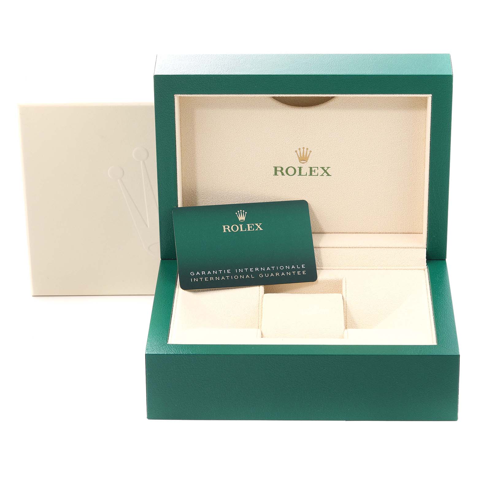 This image shows an open green and beige Rolex Oyster Perpetual 124300 Men's Stainless Steel Silver Dial 124300 Men's Stainless Steel Silver Dial watch box with the international guarantee card displayed inside.