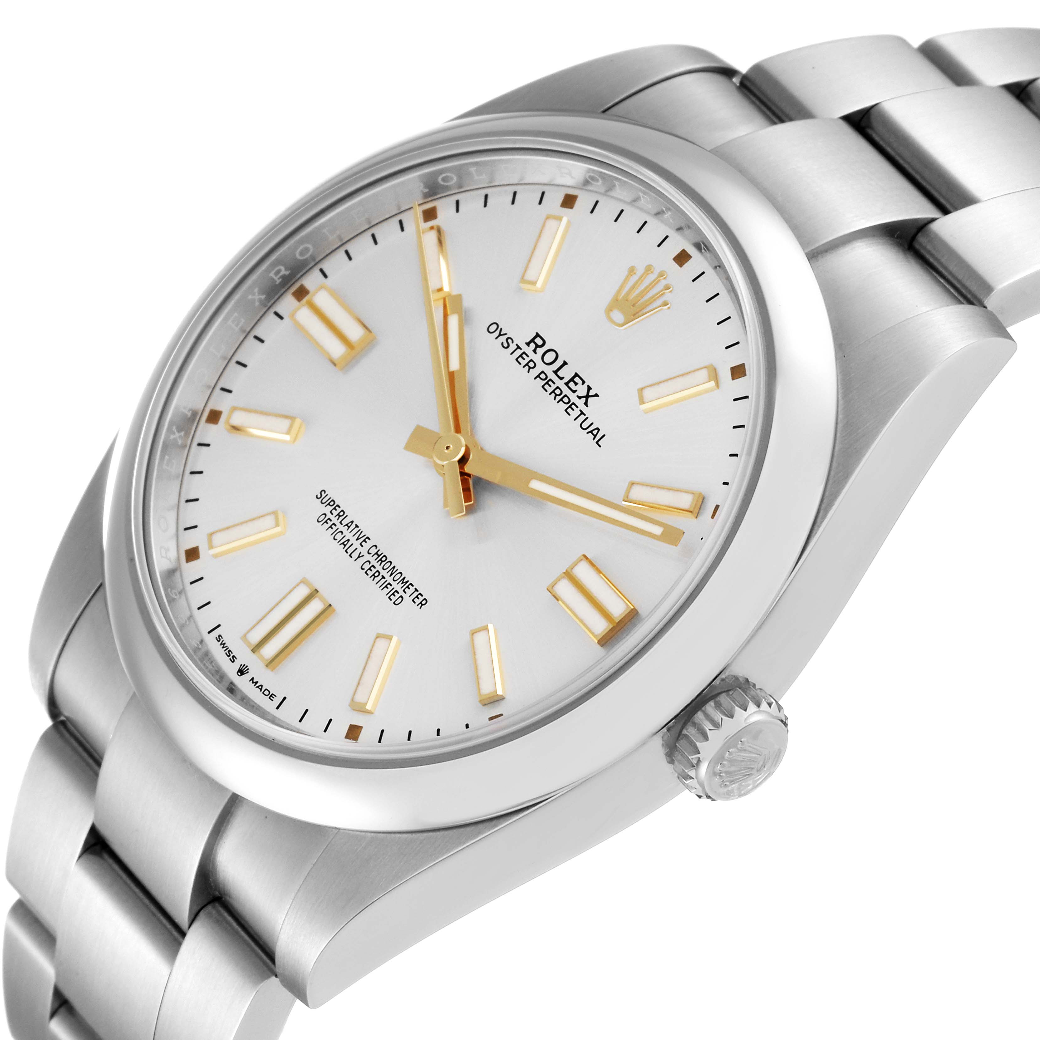 The image shows the Rolex Oyster Perpetual 124300 Men's Stainless Steel Silver Dial 124300 Men's Stainless Steel Silver Dial watch at an angled side view, highlighting the face, crown, and part of the band.