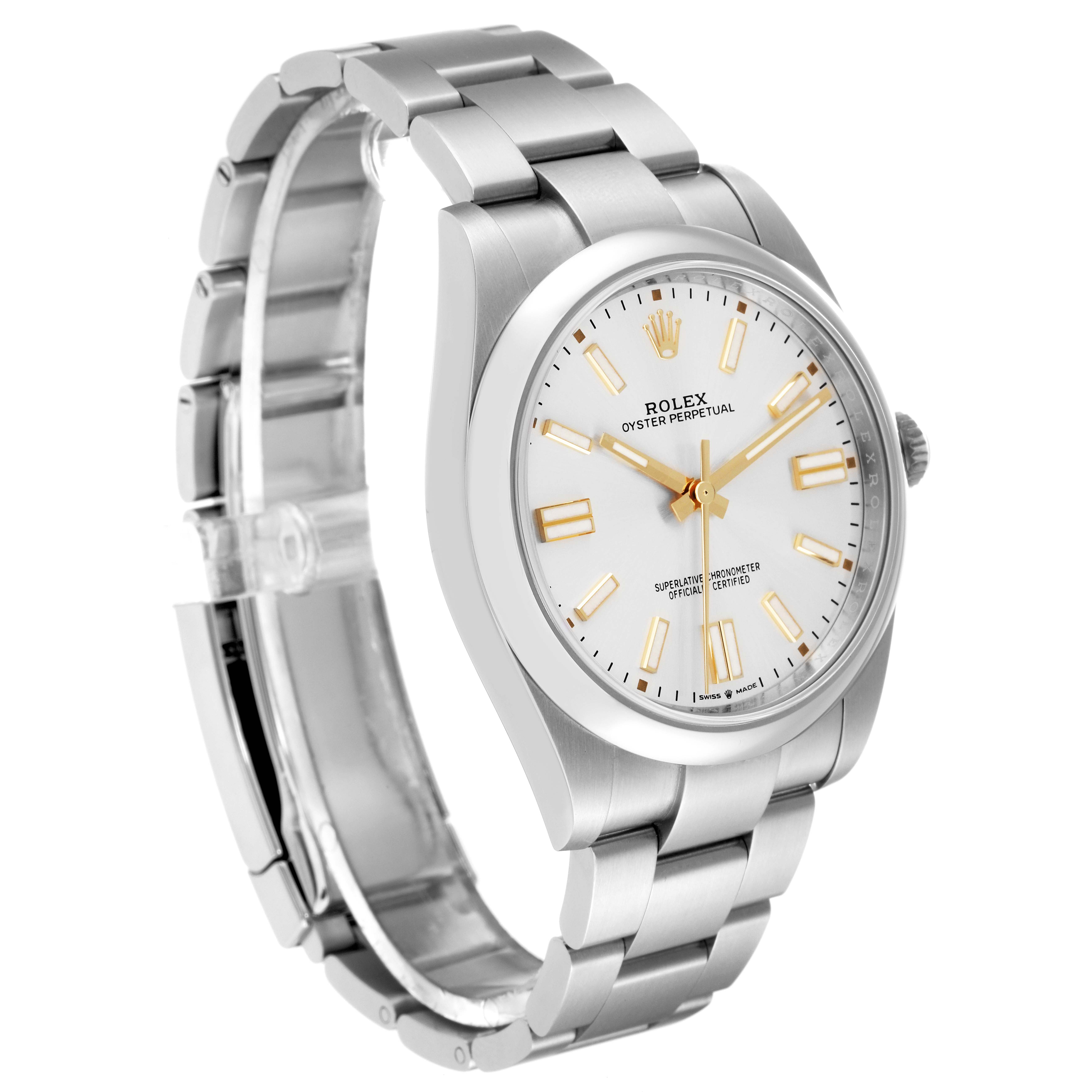 This image shows a side view of a Rolex Oyster Perpetual 124300 Men's Stainless Steel Silver Dial 124300 Men's Stainless Steel Silver Dial watch, including its bracelet, case, and dial.