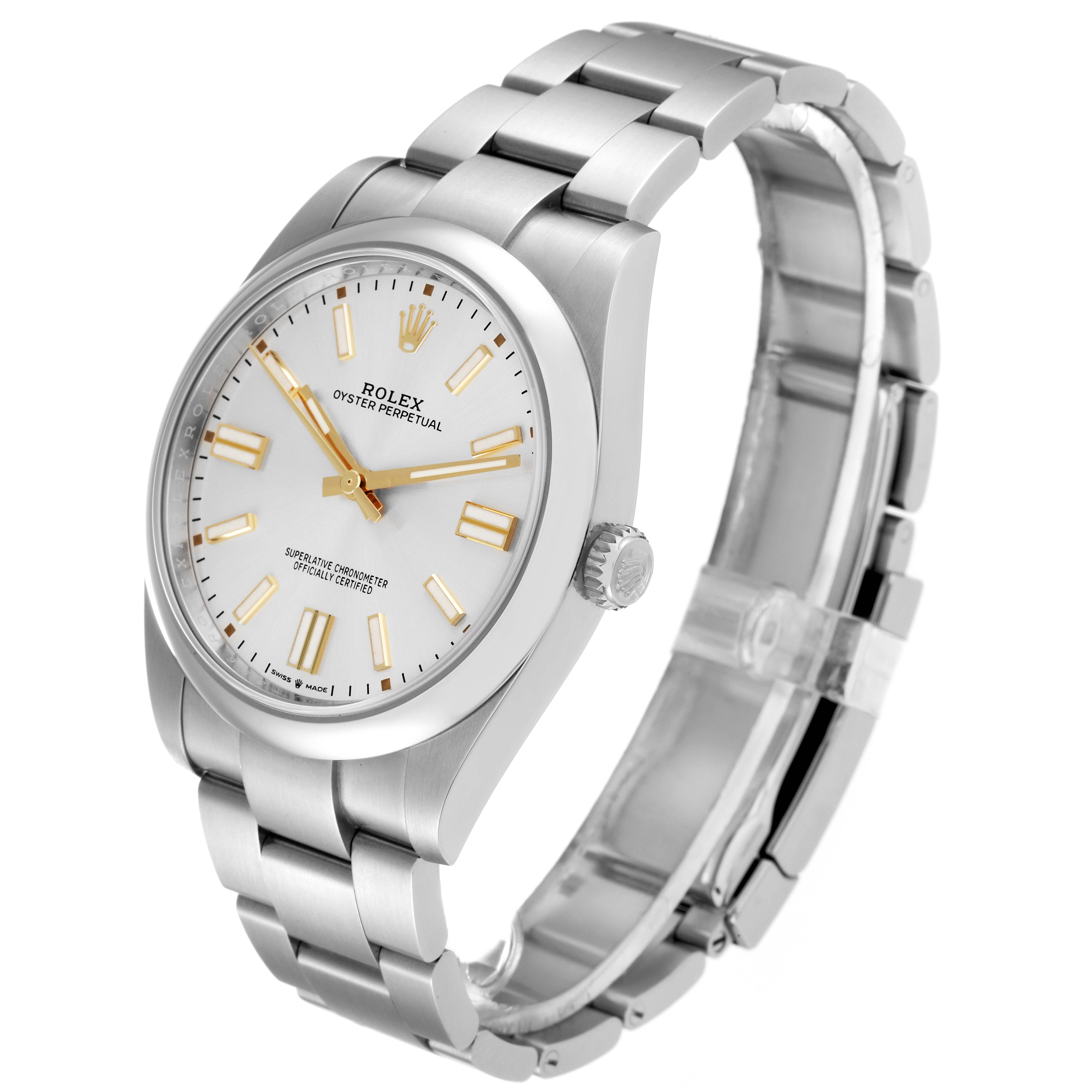 The Rolex Oyster Perpetual 124300 Men's Stainless Steel Silver Dial 124300 Men's Stainless Steel Silver Dial watch is displayed at a slight side angle, showcasing the dial, case, and bracelet.