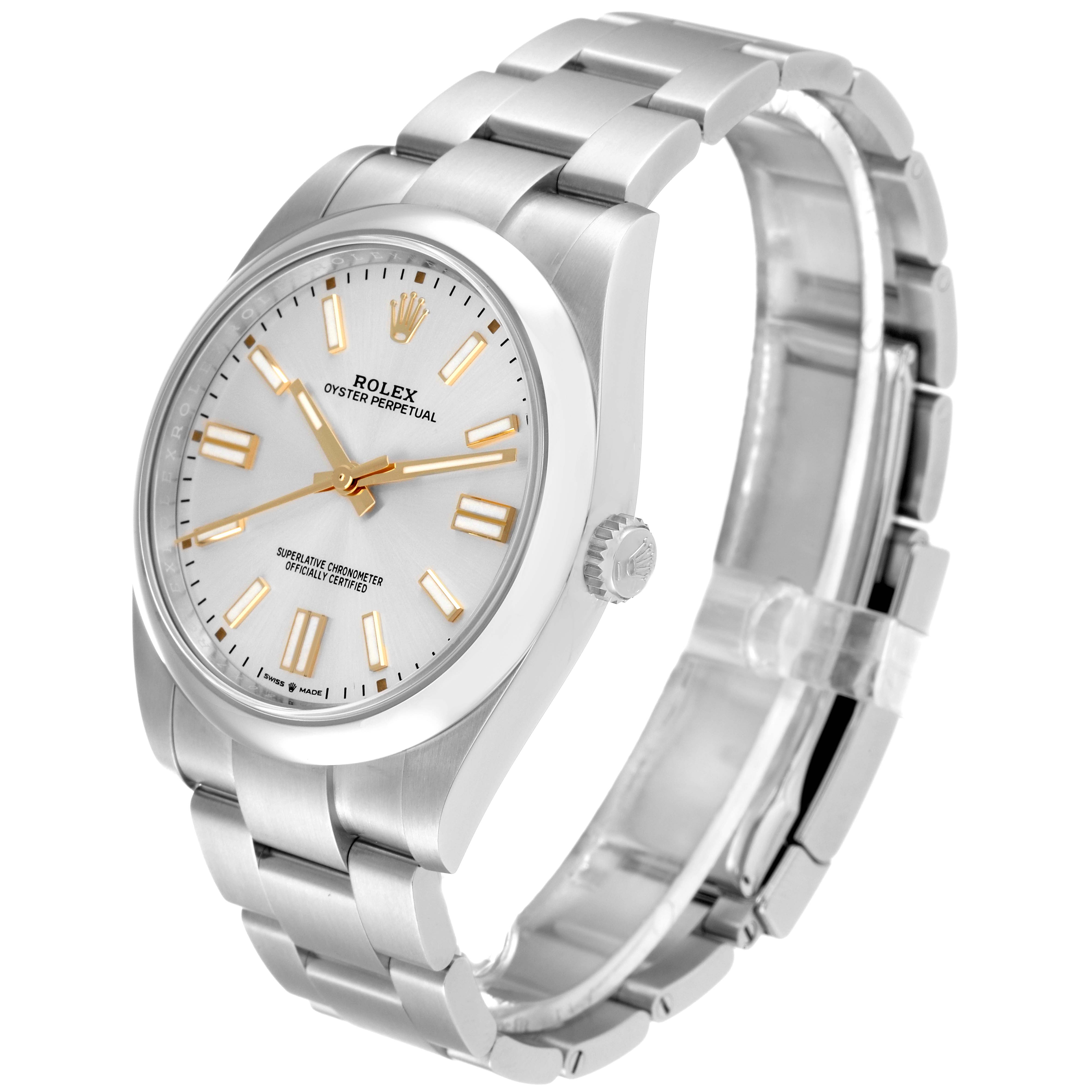 The image shows a Rolex Oyster Perpetual 124300 Men's Stainless Steel Silver Dial 124300 Men's Stainless Steel Silver Dial watch from an angled side view, highlighting the face, bezel, case, and bracelet.