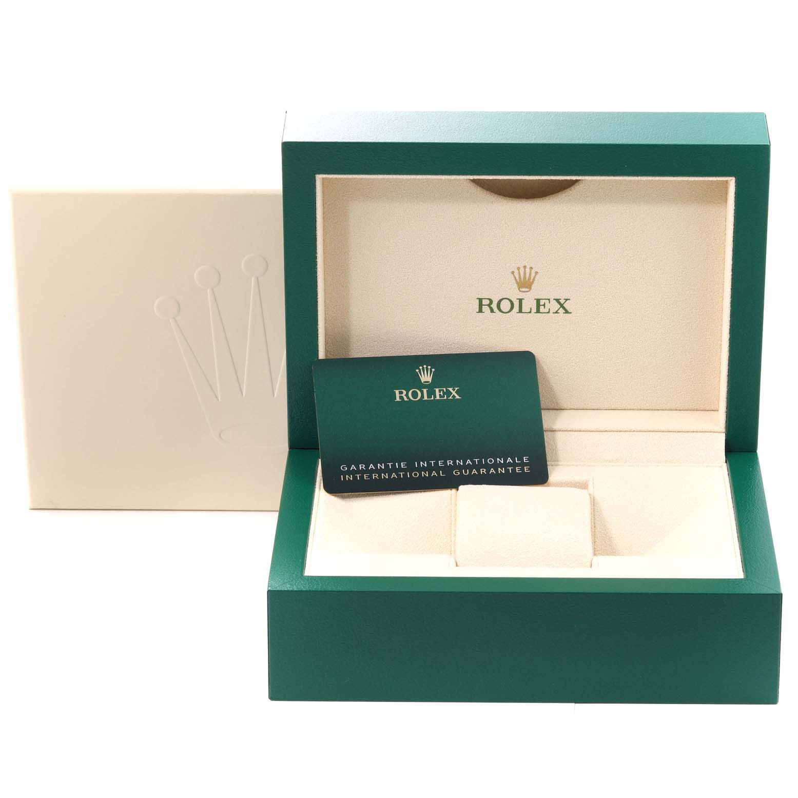 This image shows the packaging and guarantee card for a Rolex Oyster Perpetual 124300 Men's Stainless Steel Silver Dial 124300 Men's Stainless Steel Silver Dial watch in its green and beige presentation box.