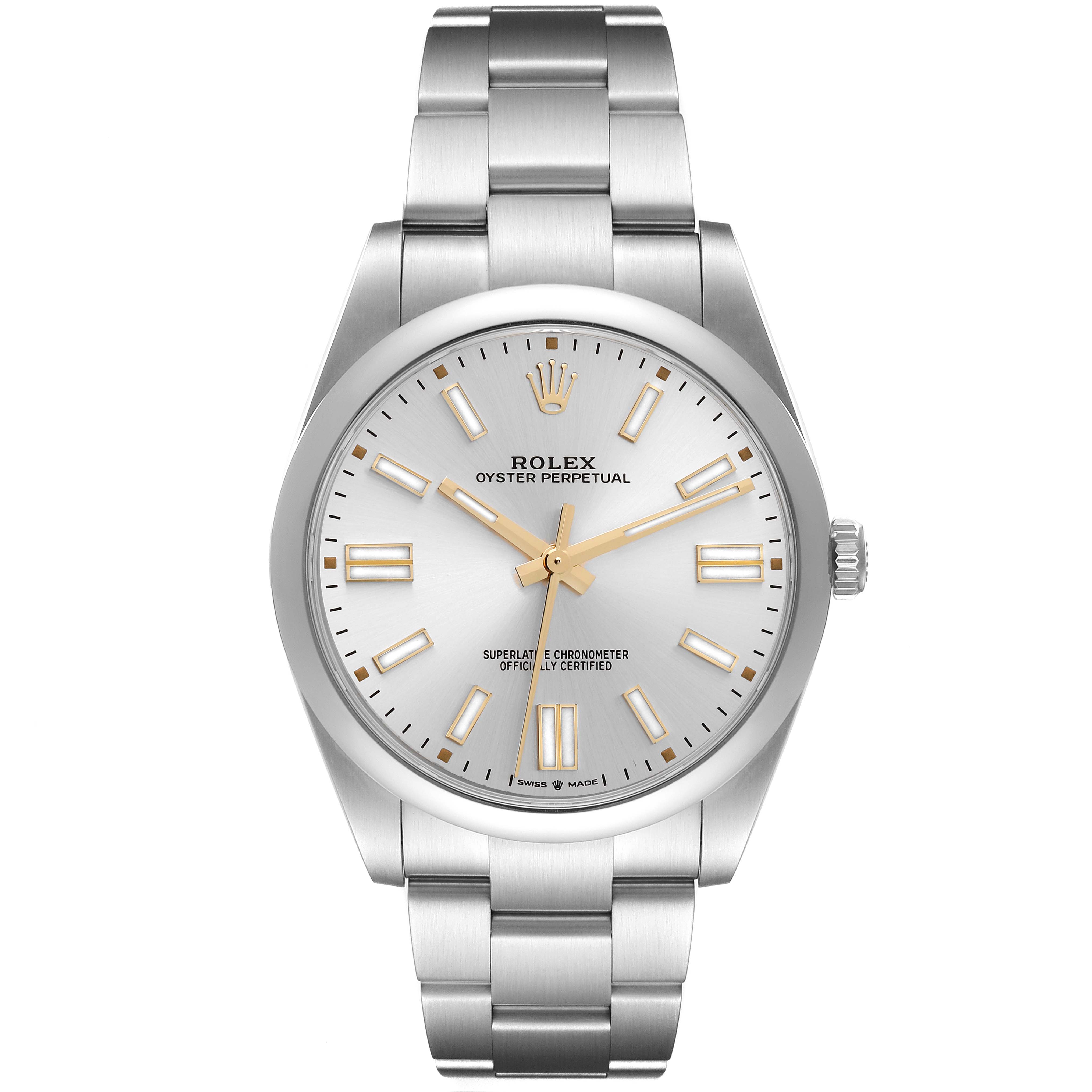 This image shows a front view of a Rolex Oyster Perpetual 124300 Men's Stainless Steel Silver Dial 124300 Men's Stainless Steel Silver Dial watch, displaying its face, hands, and bracelet.