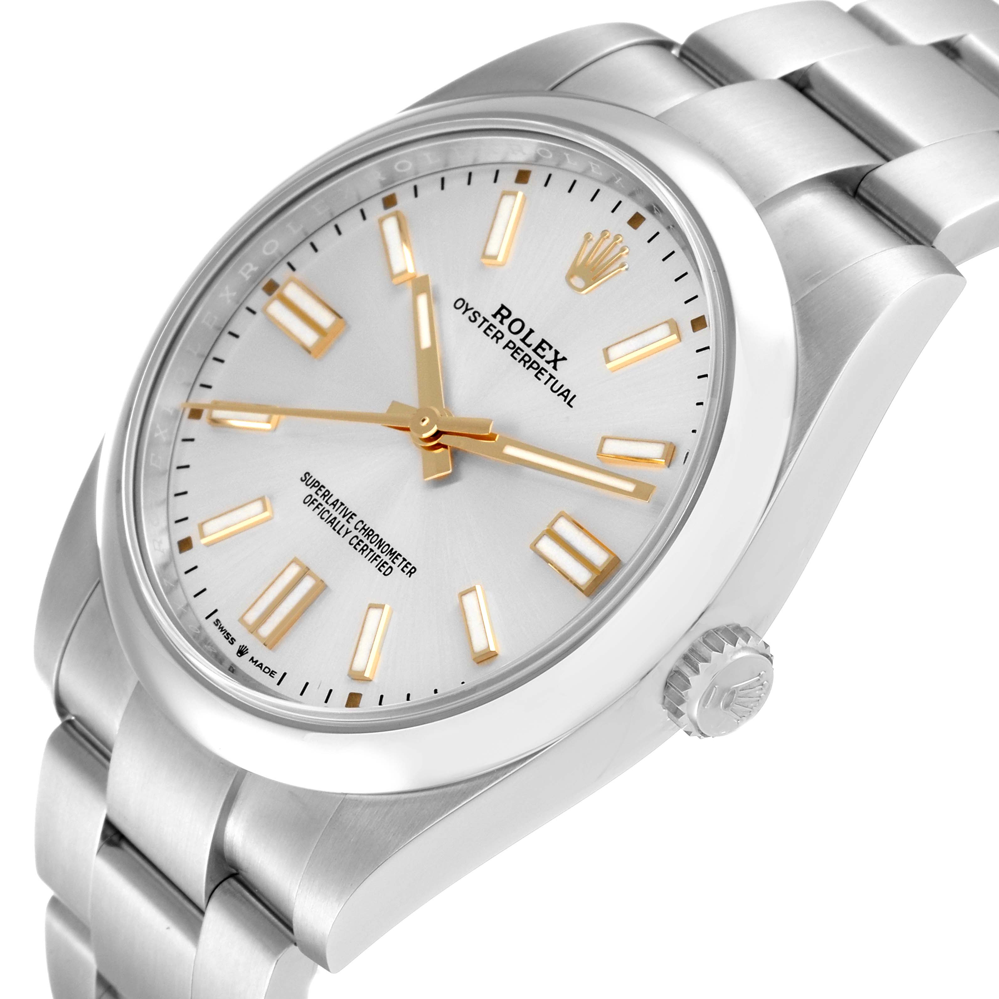 The image shows a close-up angled view of the Rolex Oyster Perpetual 124300 Men's Stainless Steel Silver Dial 124300 Men's Stainless Steel Silver Dial watch, highlighting the dial, bezel, crown, and part of the bracelet.
