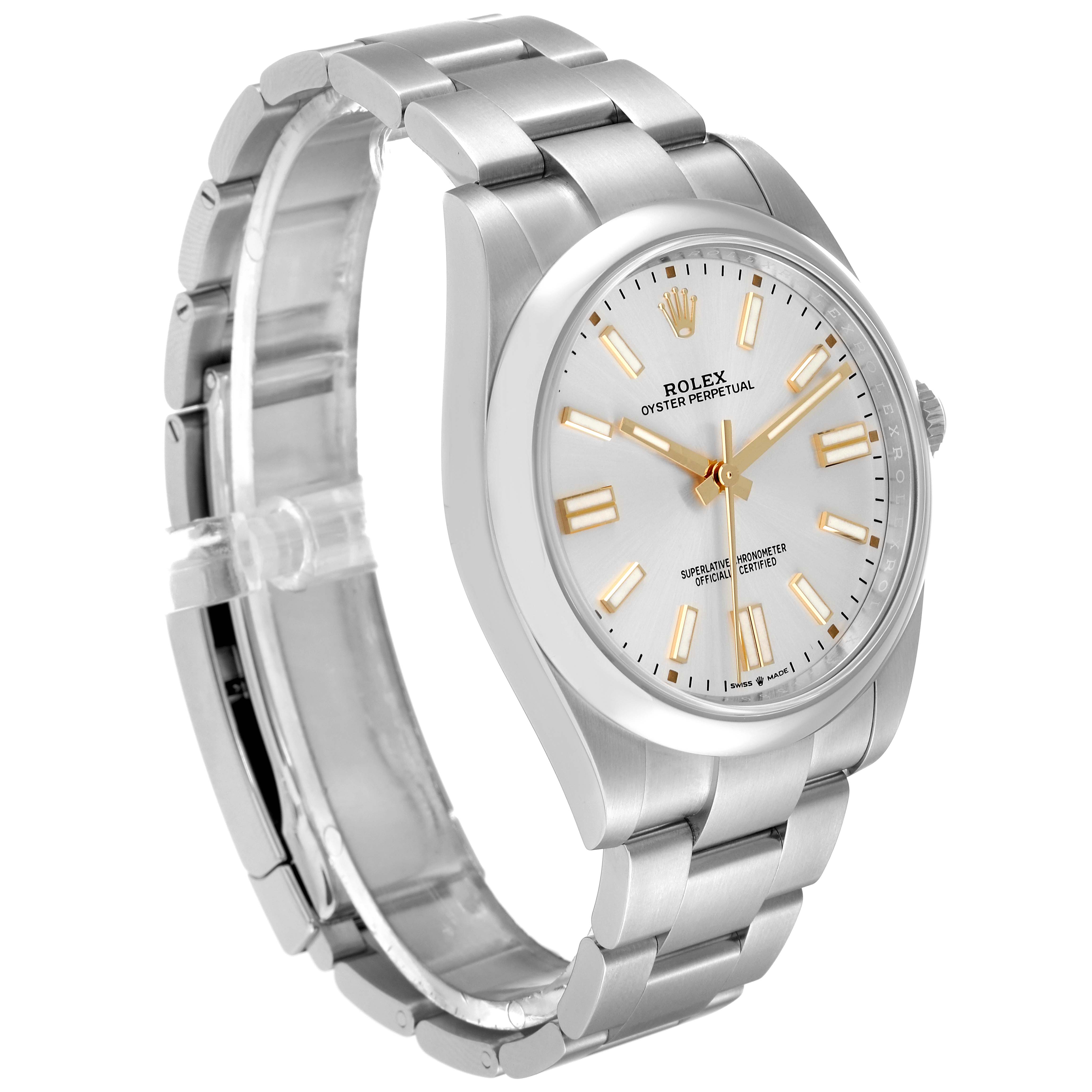 The image shows a Rolex Oyster Perpetual 124300 Men's Stainless Steel Silver Dial 124300 Men's Stainless Steel Silver Dial watch from a front angle, highlighting its dial, case, and metal bracelet.